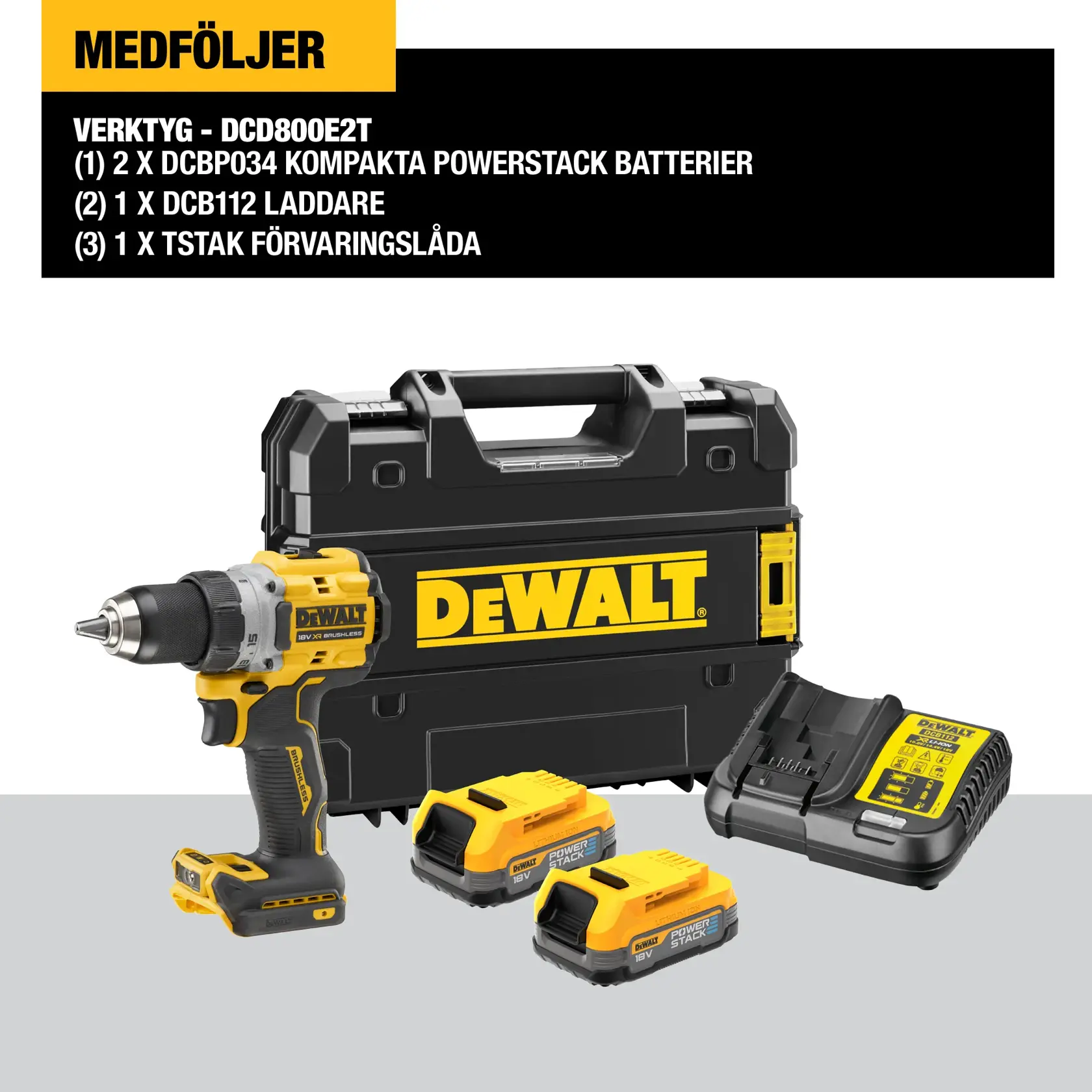 18V XR Borr-/skruvdragare - 2x POWERSTACK batterier och laddare i TSTAK