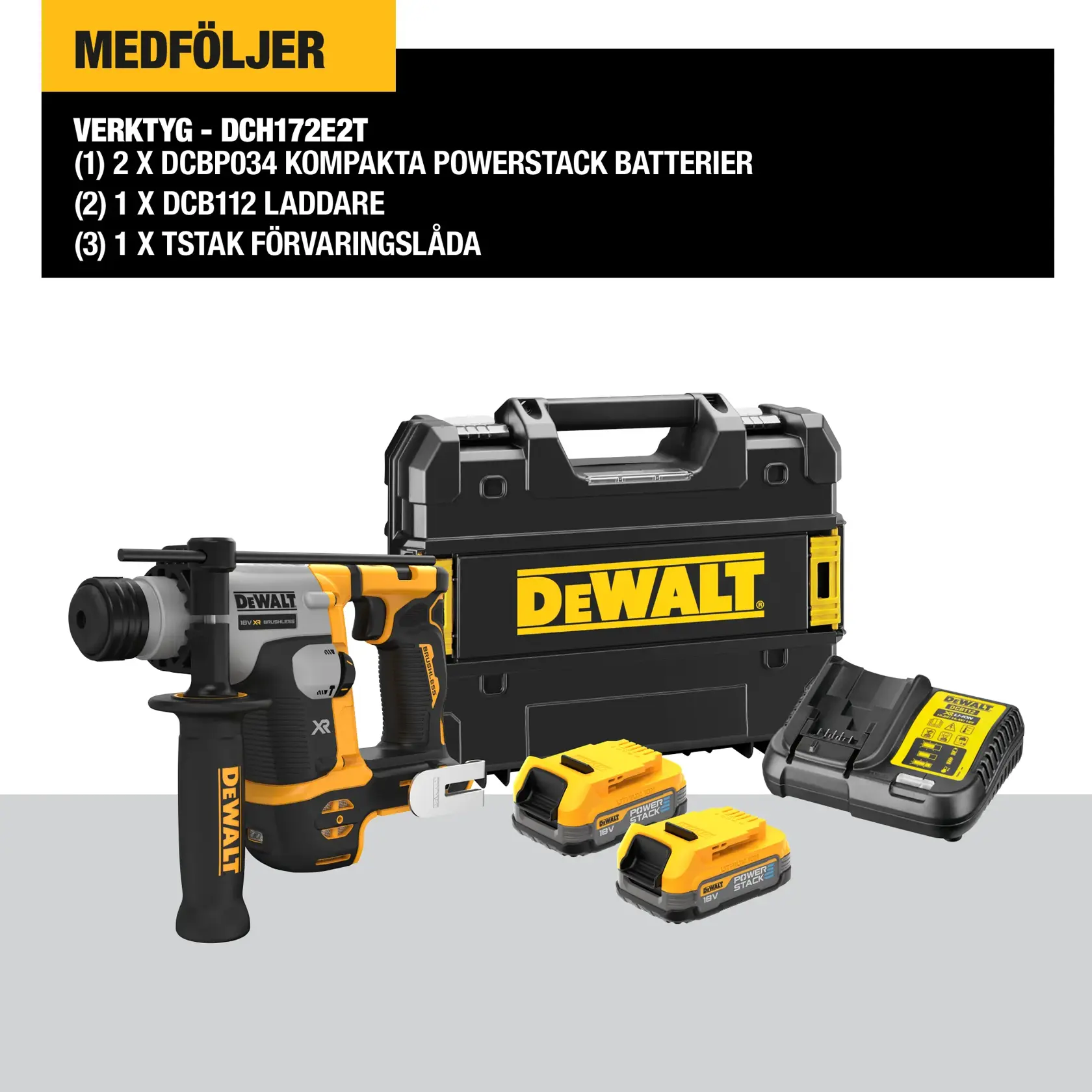 18V XR SDS-Plus Kompakt borrhammare med 2x POWERSTACK kompakt batterier och laddare i TSTAK