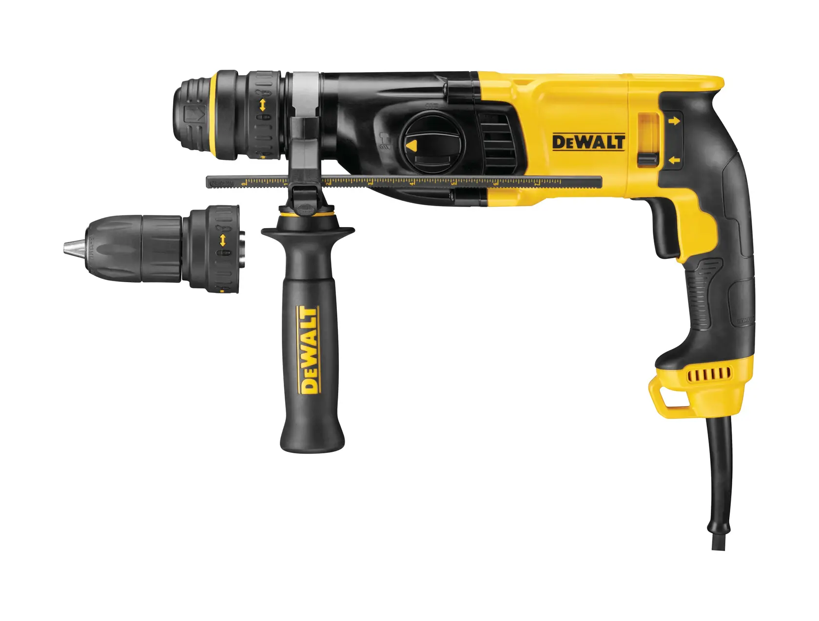 A DEWALT corded rotary hammer drill with a black and yellow design, featuring a side handle and a depth gauge rod, shown with an interchangeable chuck attachment.
