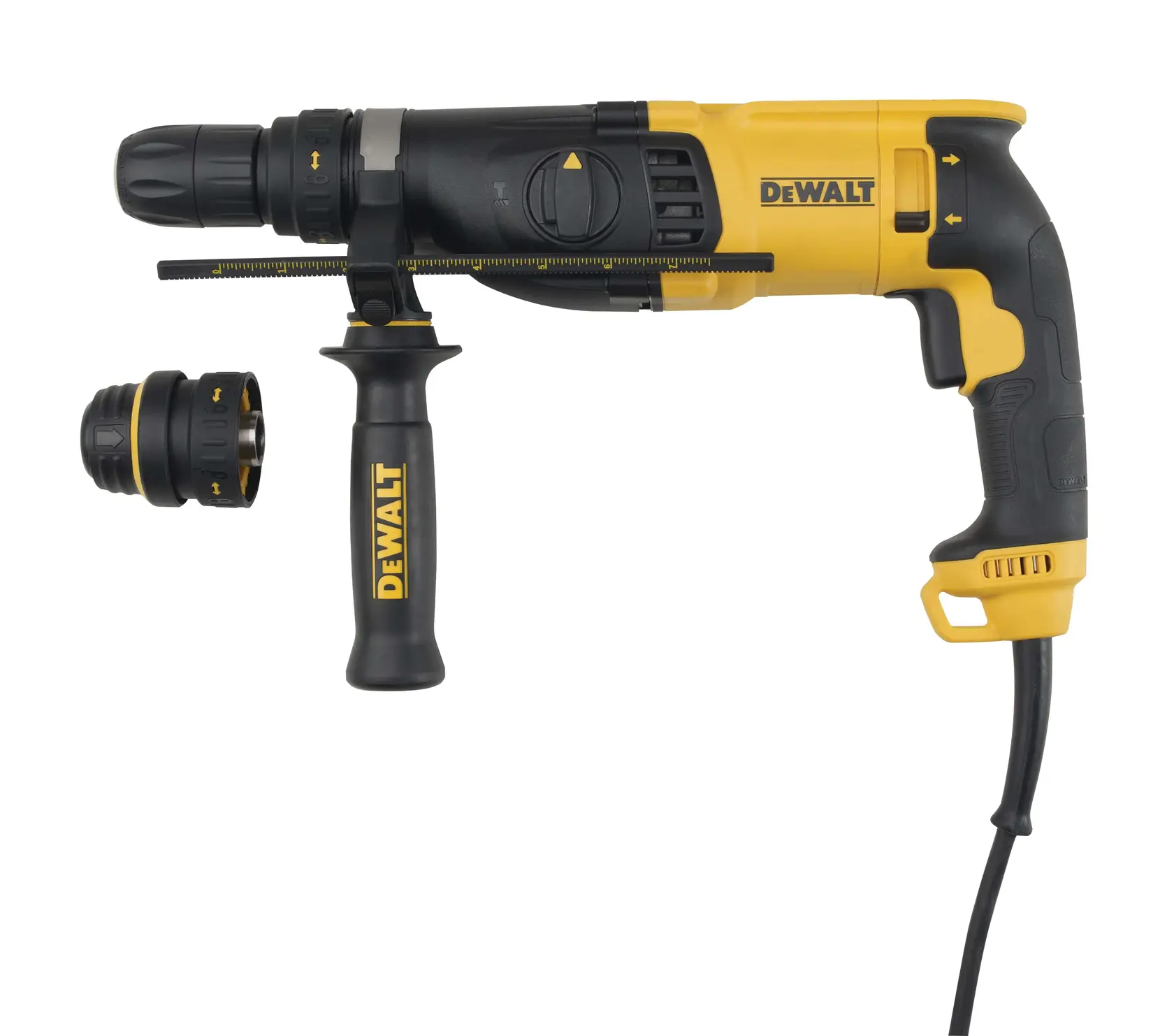Photo of DEWALT corded rotary hammer, yellow and black, with side handle, SKUs D25134K-B3, D25134K, D25134K-B2C, D25134K-B2.