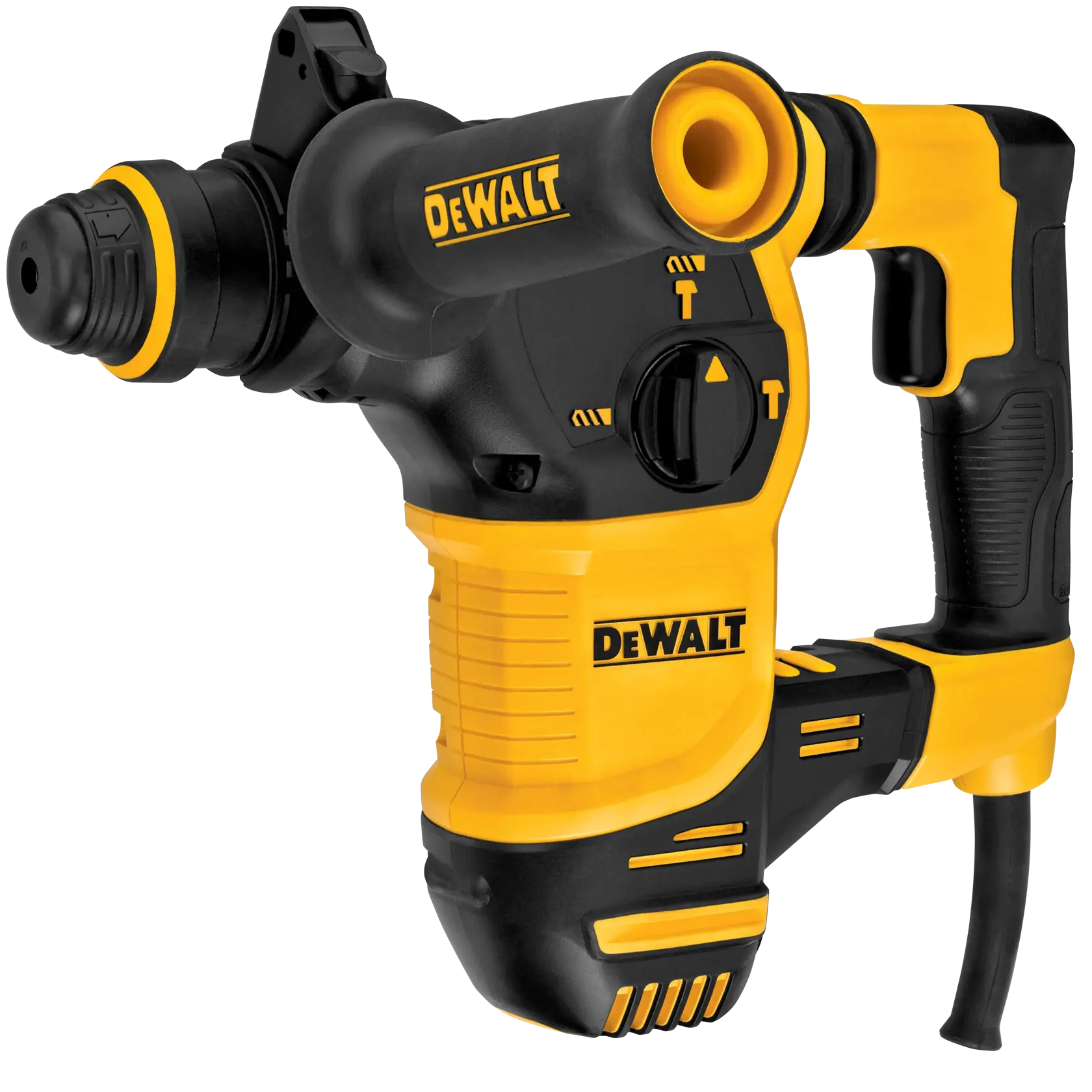 Un taladro martillo rotativo de la marca DEWALT con cuerpo amarillo y negro, que tiene una empuñadura lateral y un dial de configuración para distintas funciones.