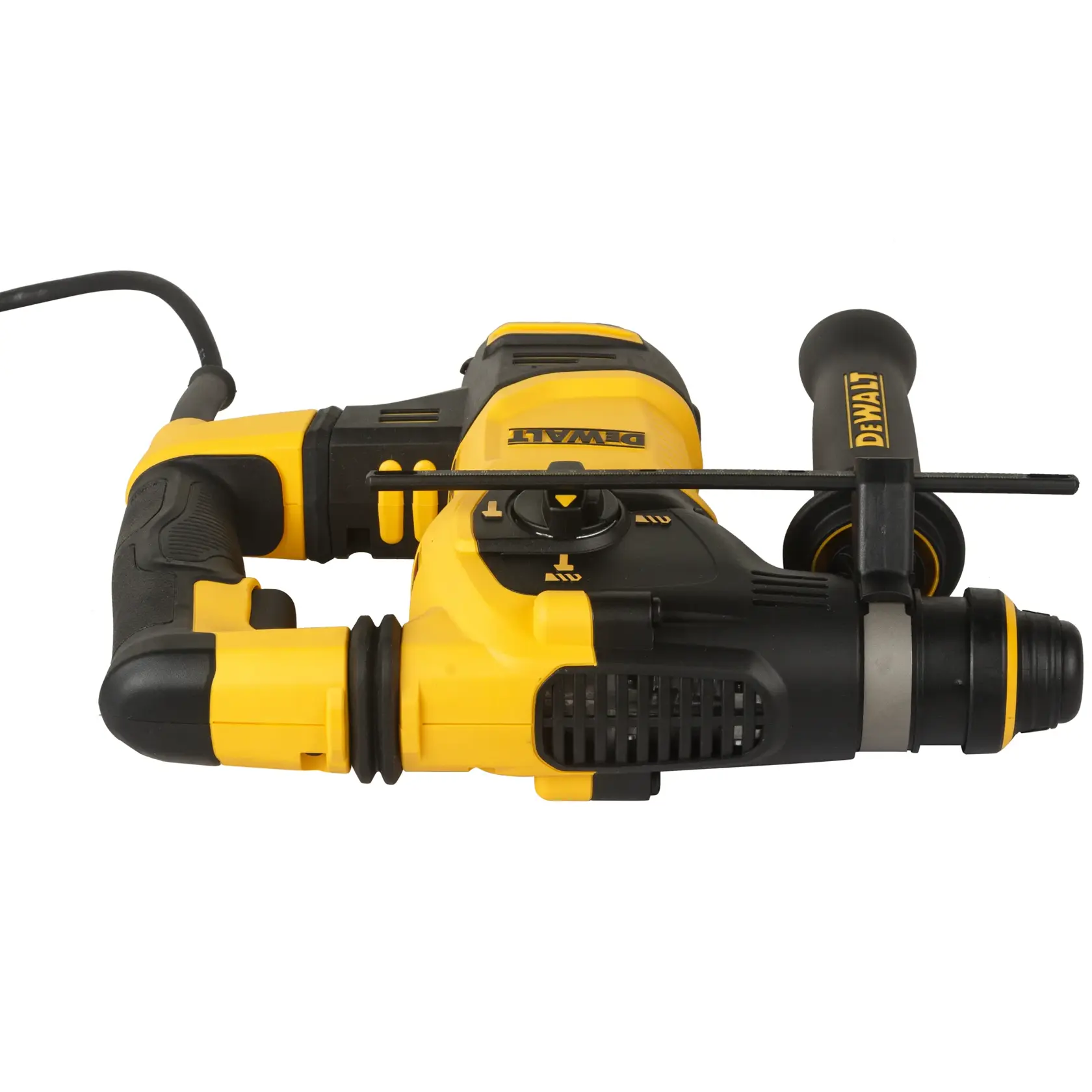 Martillo rotativo DEWALT amarillo y negro con mango lateral y cable, modelo D25333K.