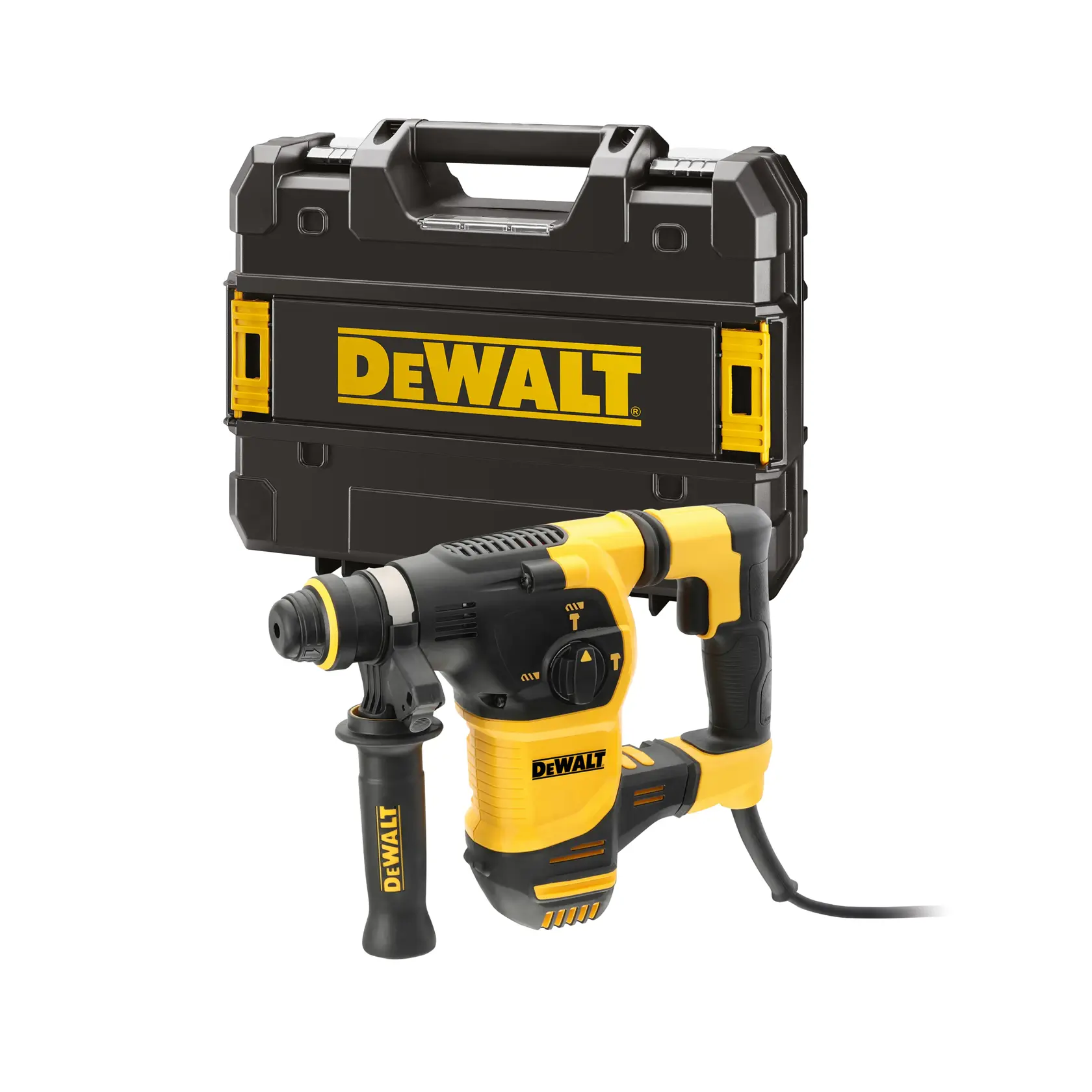 Un martillo rotatorio DEWALT en amarillo y negro, mostrado con un maletín rígido que lleva el logo de DEWALT.