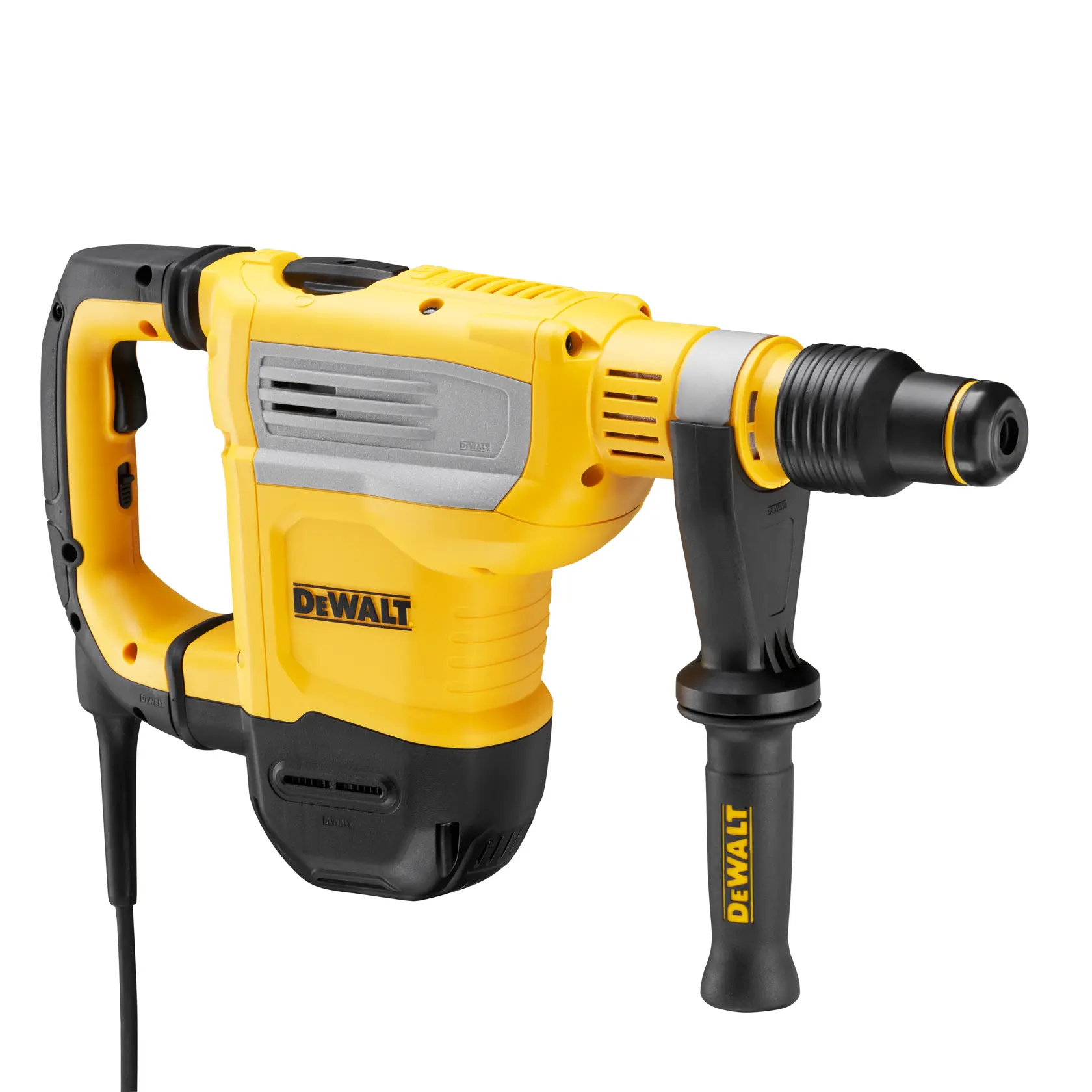 Un martillo rotativo con cable DEWALT, con cuerpo amarillo y negro, mango lateral y un mandril compatible con SDS. El producto está diseñado para tareas de construcción y perforación de alta exigencia.
