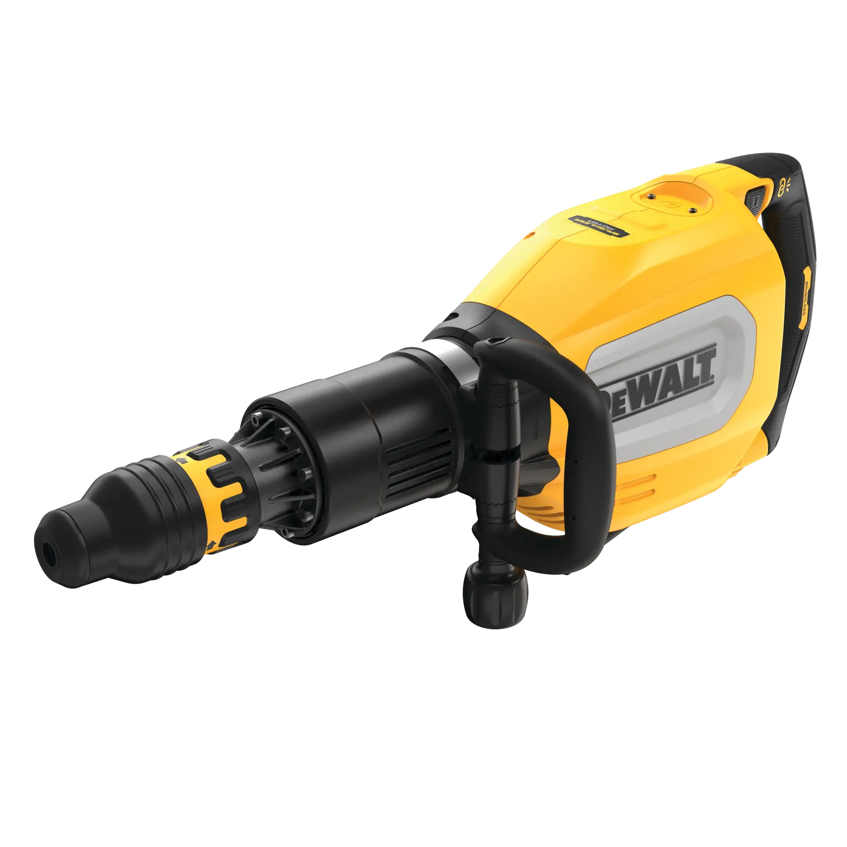 Marteau piqueur électrique DEWALT jaune et noir, avec poignée latérale, pour travaux de construction intensifs.