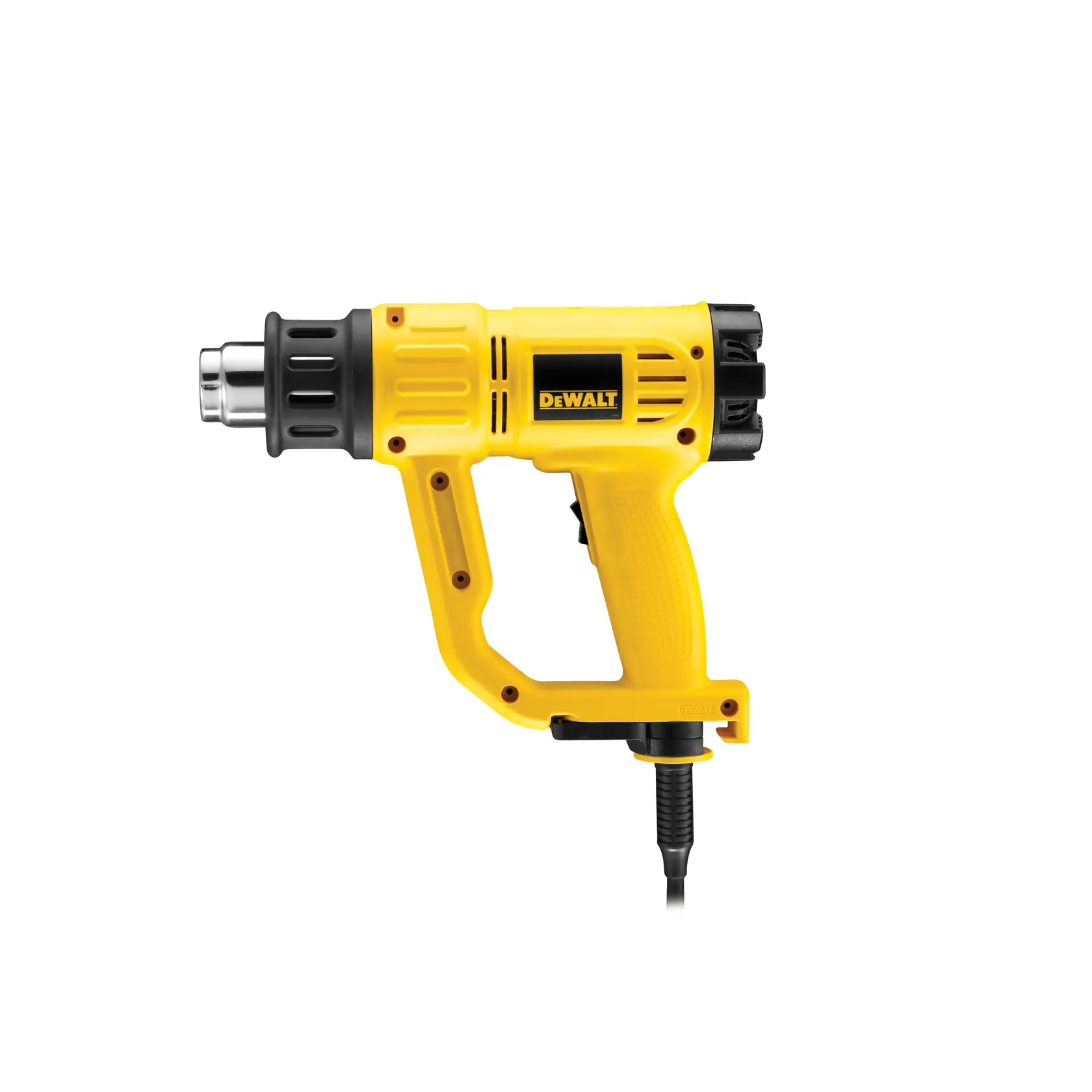 A DEWALT D26411 heat gun with a yellow and black body, ergonomic handle, and power cord, shown against a plain white background.