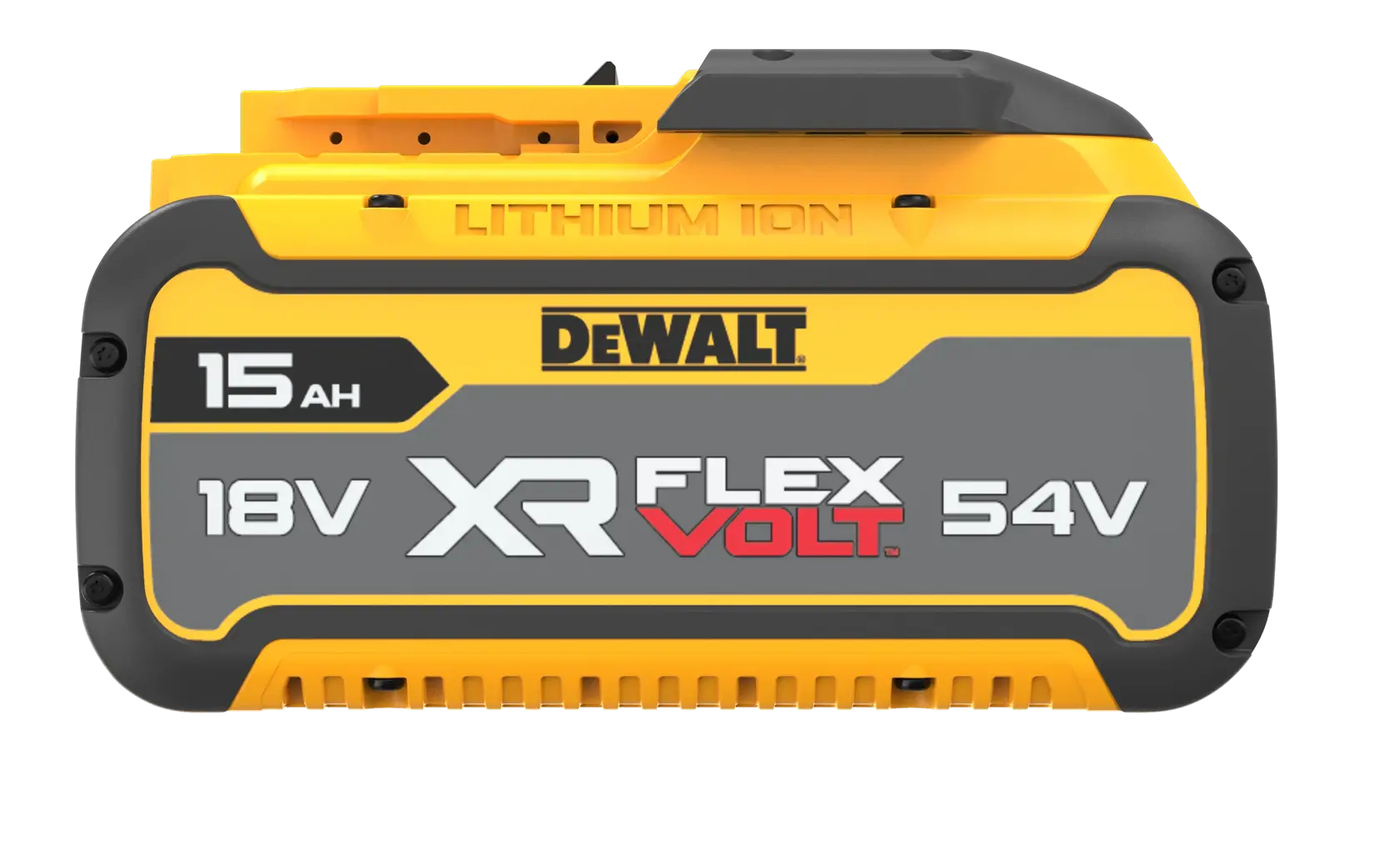 DEWALT XR FLEXVOLT 18V/54V lithium-ion battery, 15Ah, yellow and gray, model DCB549 for power tools.
