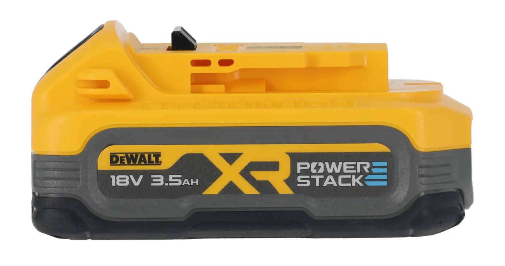 DEWALT XR Power Stack 18V 3.5Ah lithium-ion battery, yellow and black, side view.