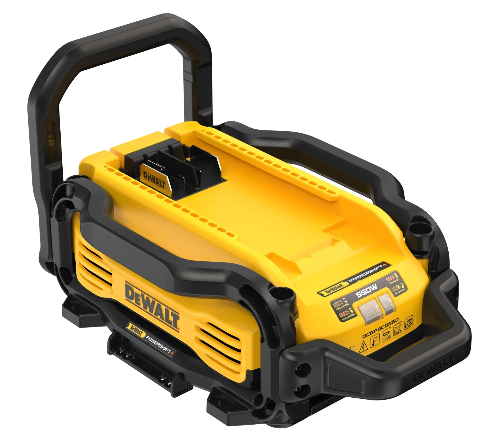 A DEWALT portable power station, model DCBPSC0550, featuring a yellow and black design with a handle and slots for battery packs. The front panel displays the DEWALT logo, control labels, and specifications.