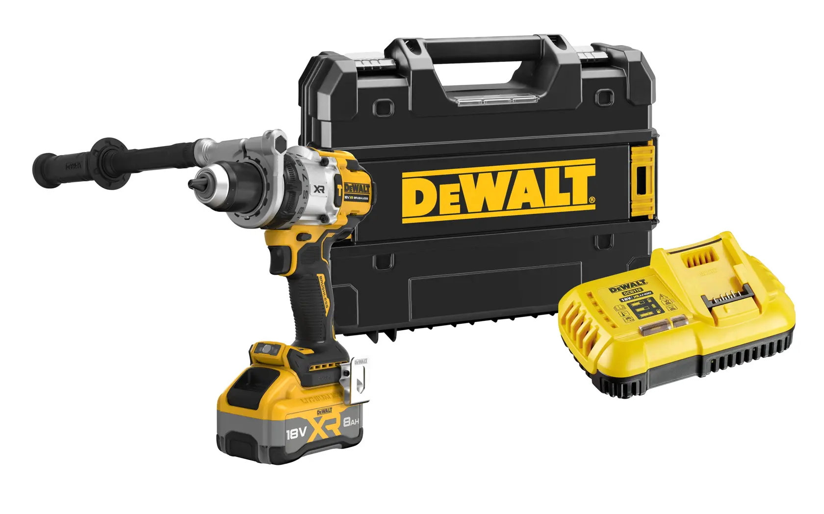 DEWALT cordless drill with handle, charger, and black carrying case, shown on white background.