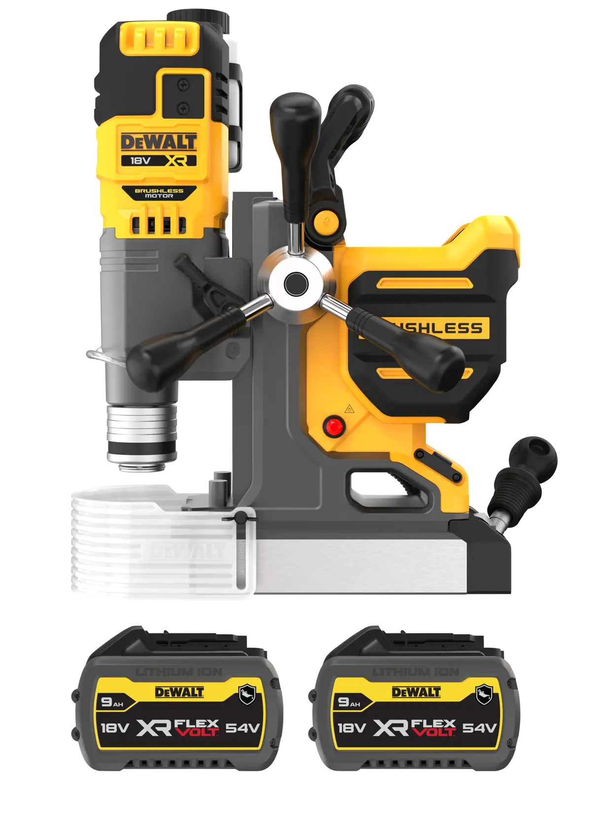 DEWALT cordless magnetic drill with two XR FLEXVOLT batteries, 18V/54V, yellow and black design.