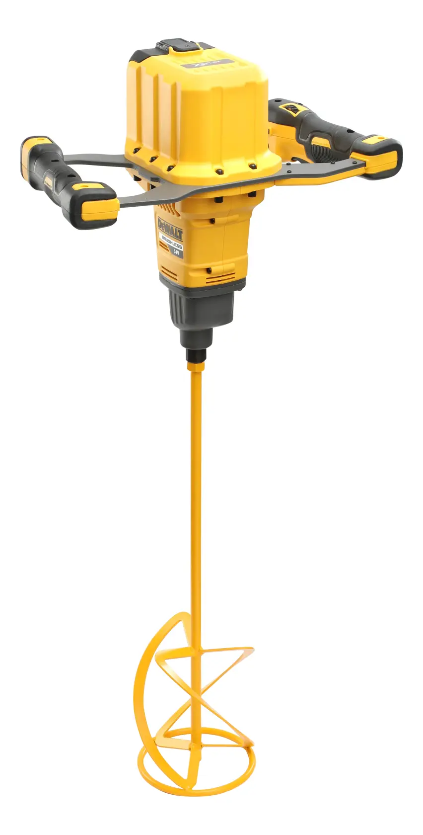 Yellow DEWALT dual handle paddle mixer with long mixing rod, shown on a white background.