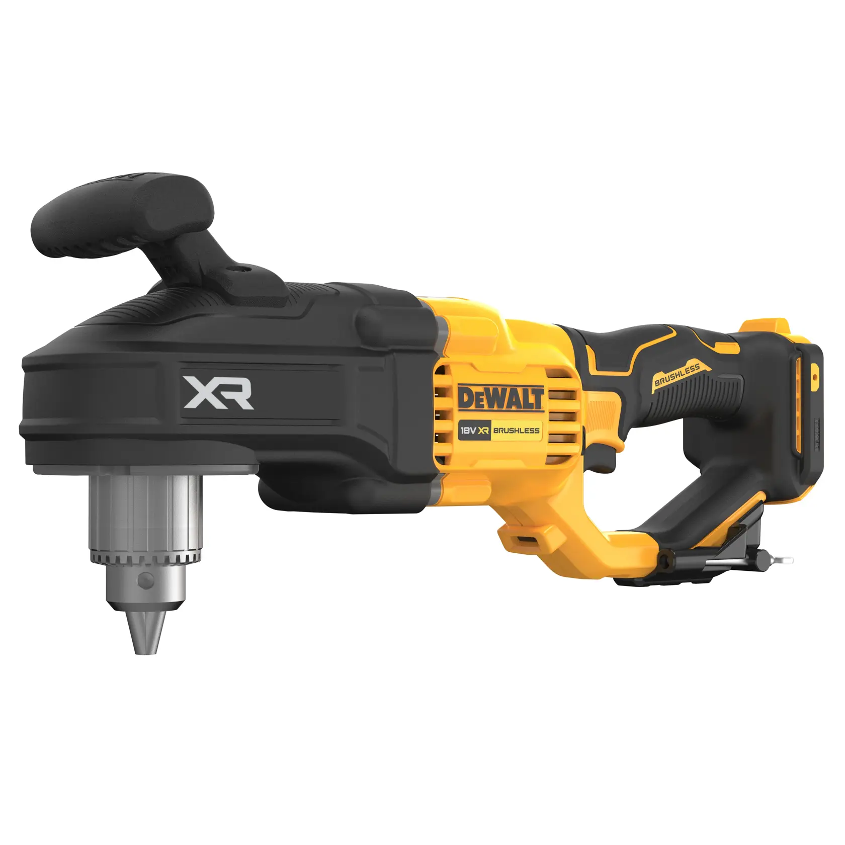 Ein DEWALT DCD444N 18V XR bürstenloser Akku-Winkelbohrer in gelber und schwarzer Farbe mit Seitengriff und schlüssellosem Bohrfutter.