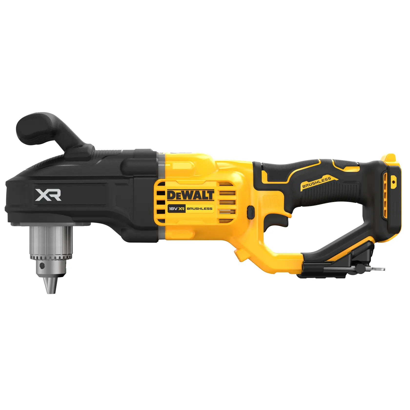 Ein DEWALT DCD444N 18V XR Brushless Winkelbohrer mit gelb-schwarzem Gehäuse, im Seitenprofil auf weißem Hintergrund dargestellt.