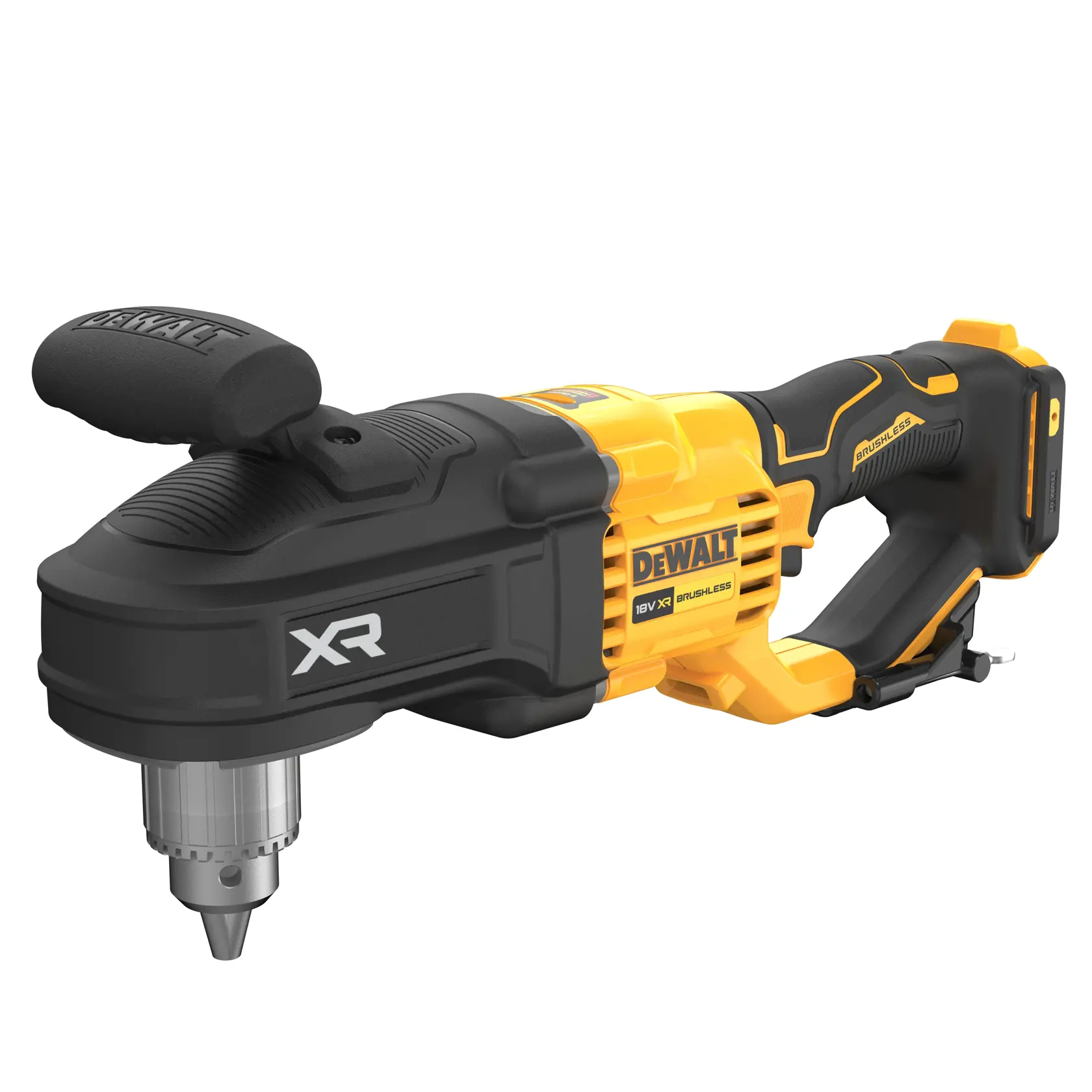 DEWALT DCD444N 18V XR kabellose bürstenlose Winkelbohrmaschine auf weißem Hintergrund fotografiert.