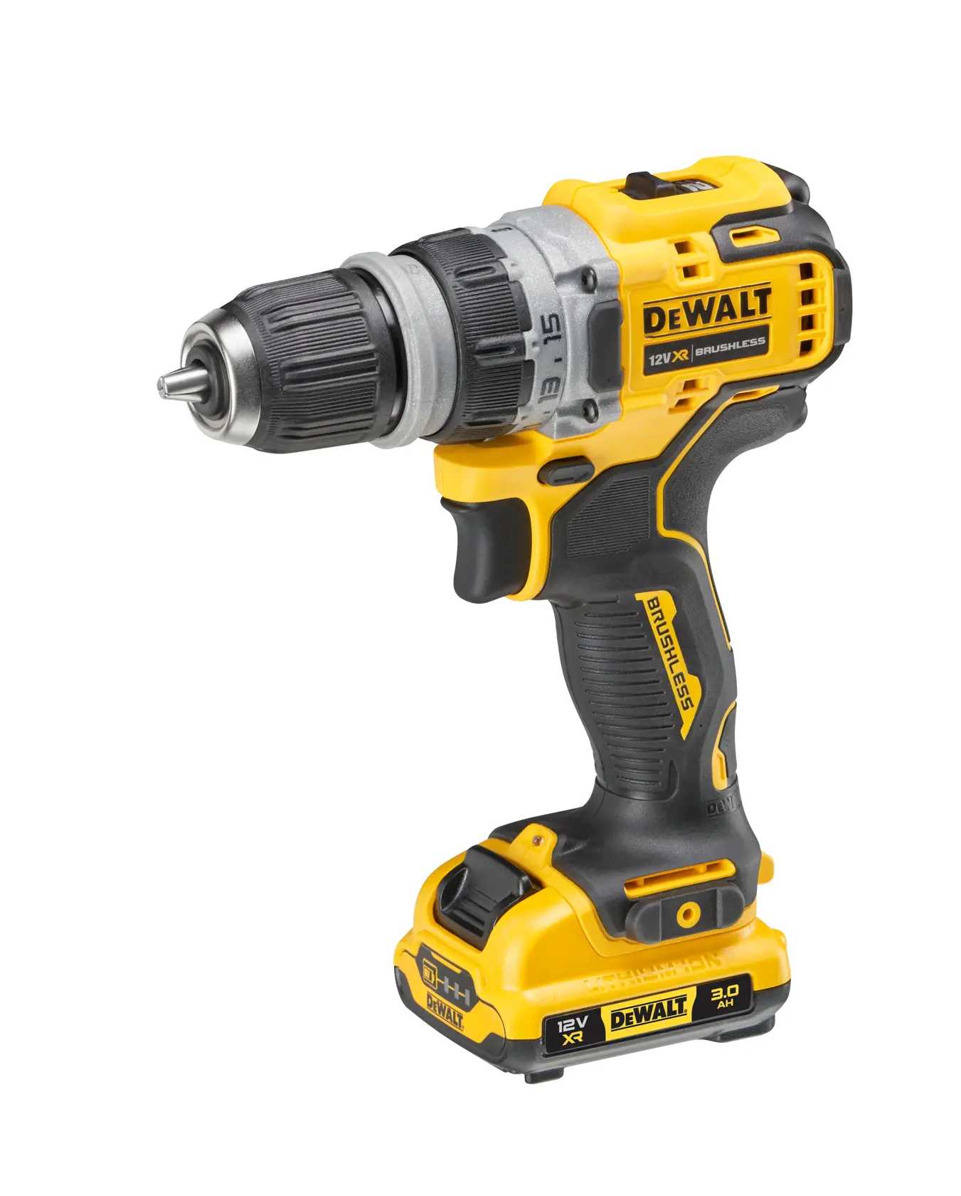 A DEWALT 12V XR brushless cordless drill with a black and yellow design, featuring a comfortable handle and battery pack attached, shown against a white background.