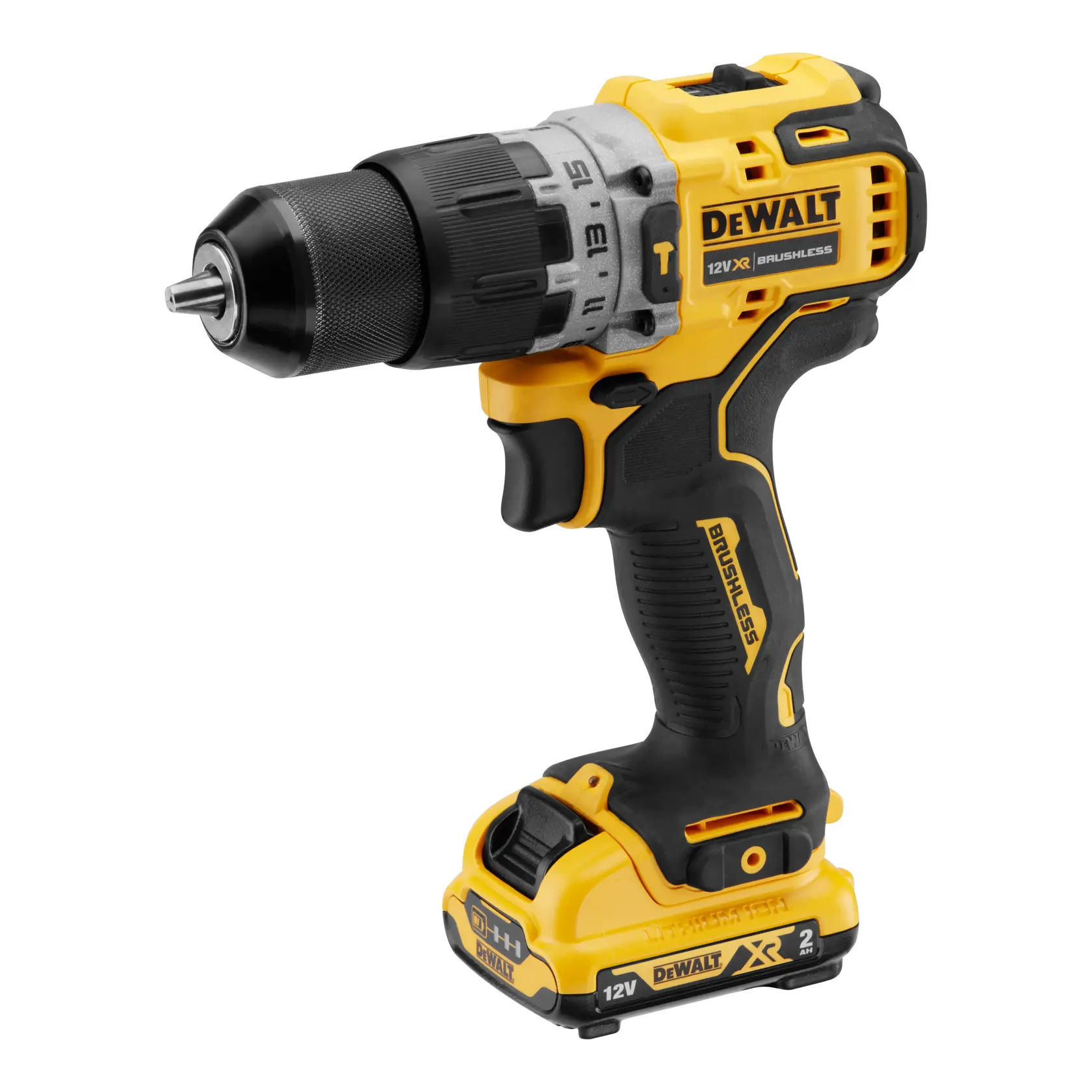 DEWALT gelb-schwarzer Akku-Bohrer, 12V XR brushless, ergonomischer Griff und einstellbares Drehmoment.