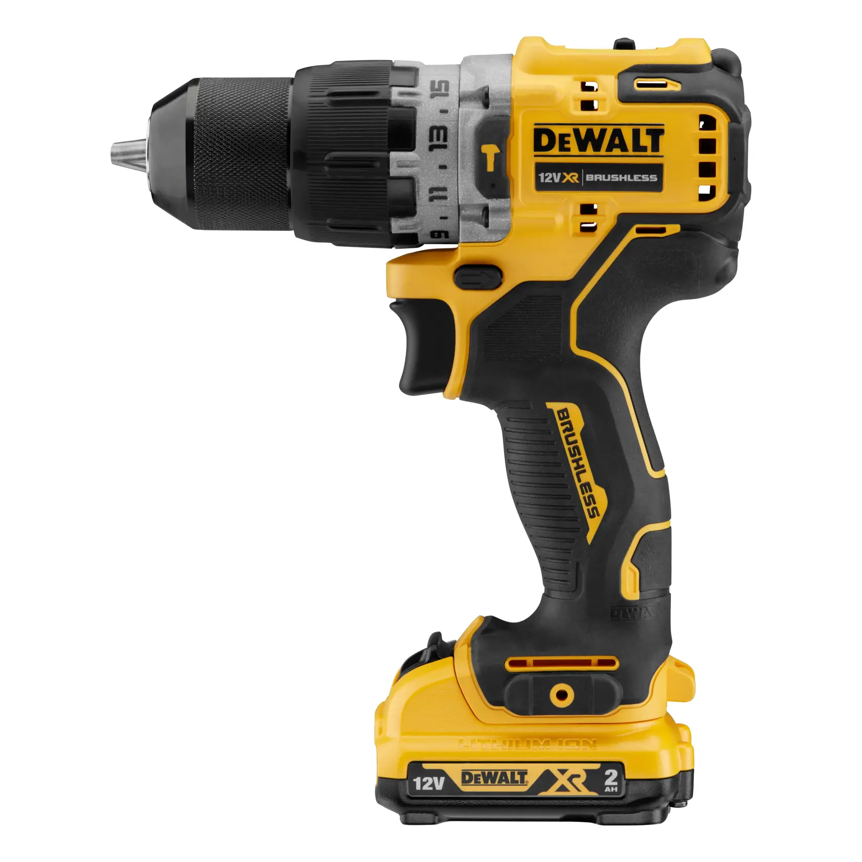DEWALT 12V XR kabellose, bürstenlose Bohrmaschine, schwarz-gelb, Seitenansicht, mit Akku.