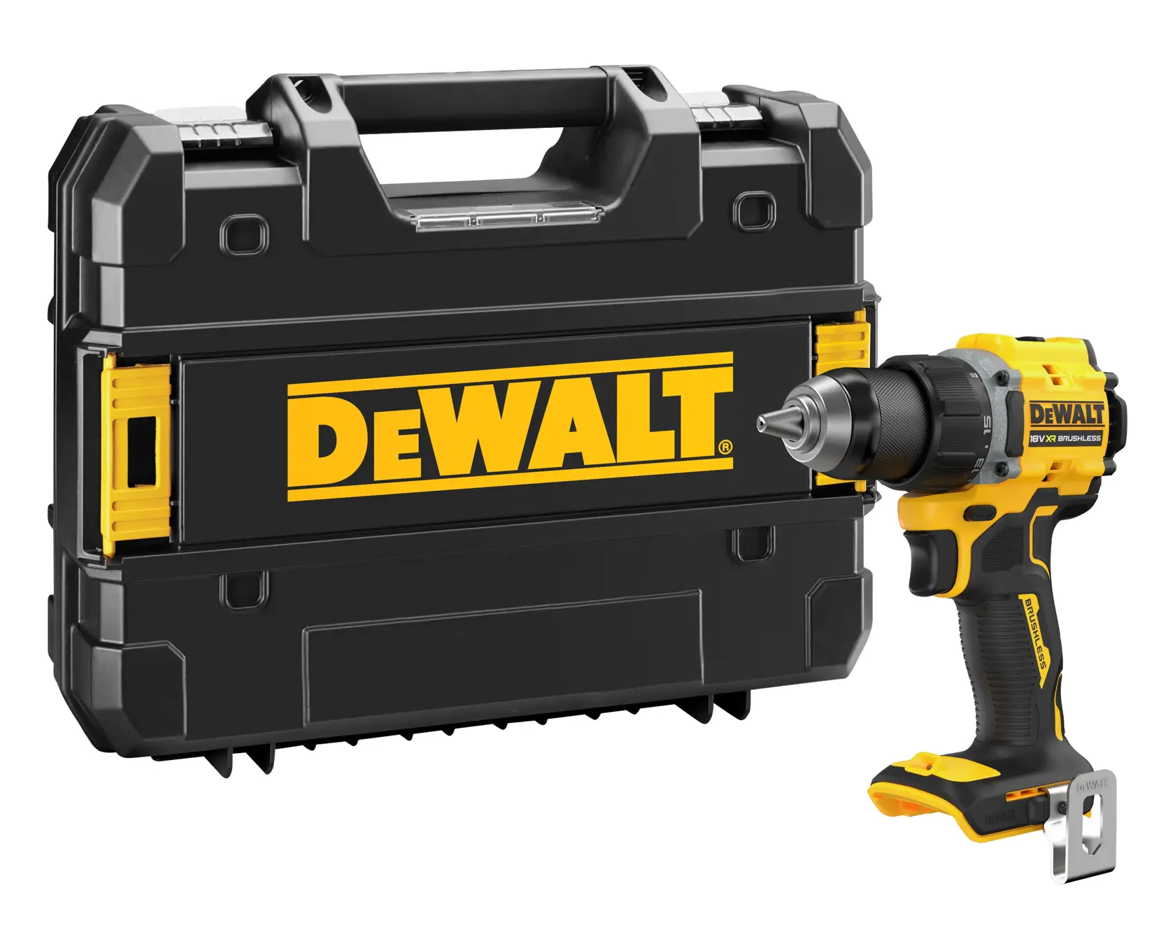 A DEWALT cordless drill with a brushless motor is shown next to a black and yellow DEWALT carrying case.