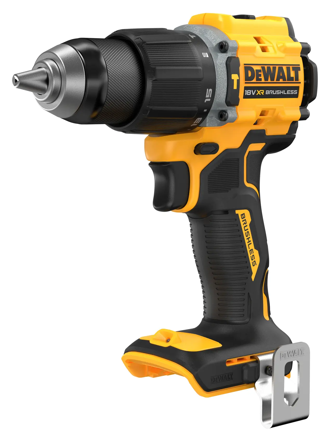 DEWALT 18V XR brushless cordless drill, yellow and black design, shown from front left angle.