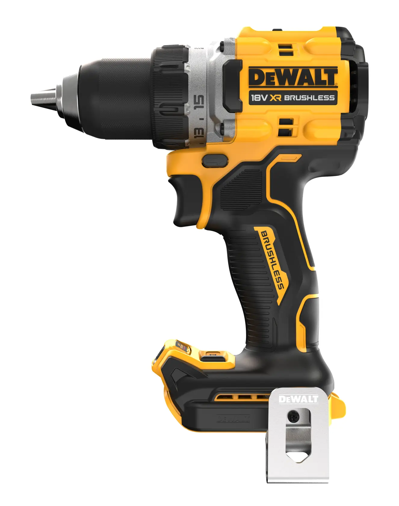 DEWALT DCD800P2T 18V XR bürstenlose Akku-Bohrmaschine, gelb-schwarz, Seitenansicht.