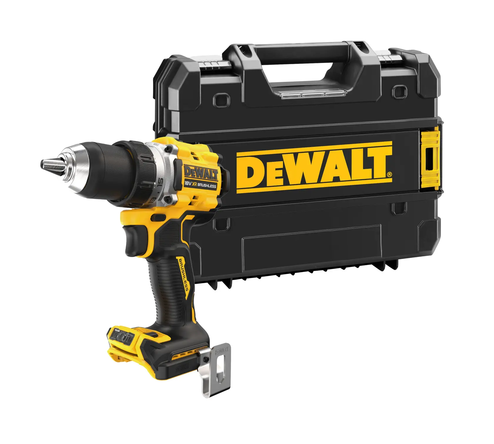 Cordless DEWALT drill with a black and yellow hard case displayed behind it.