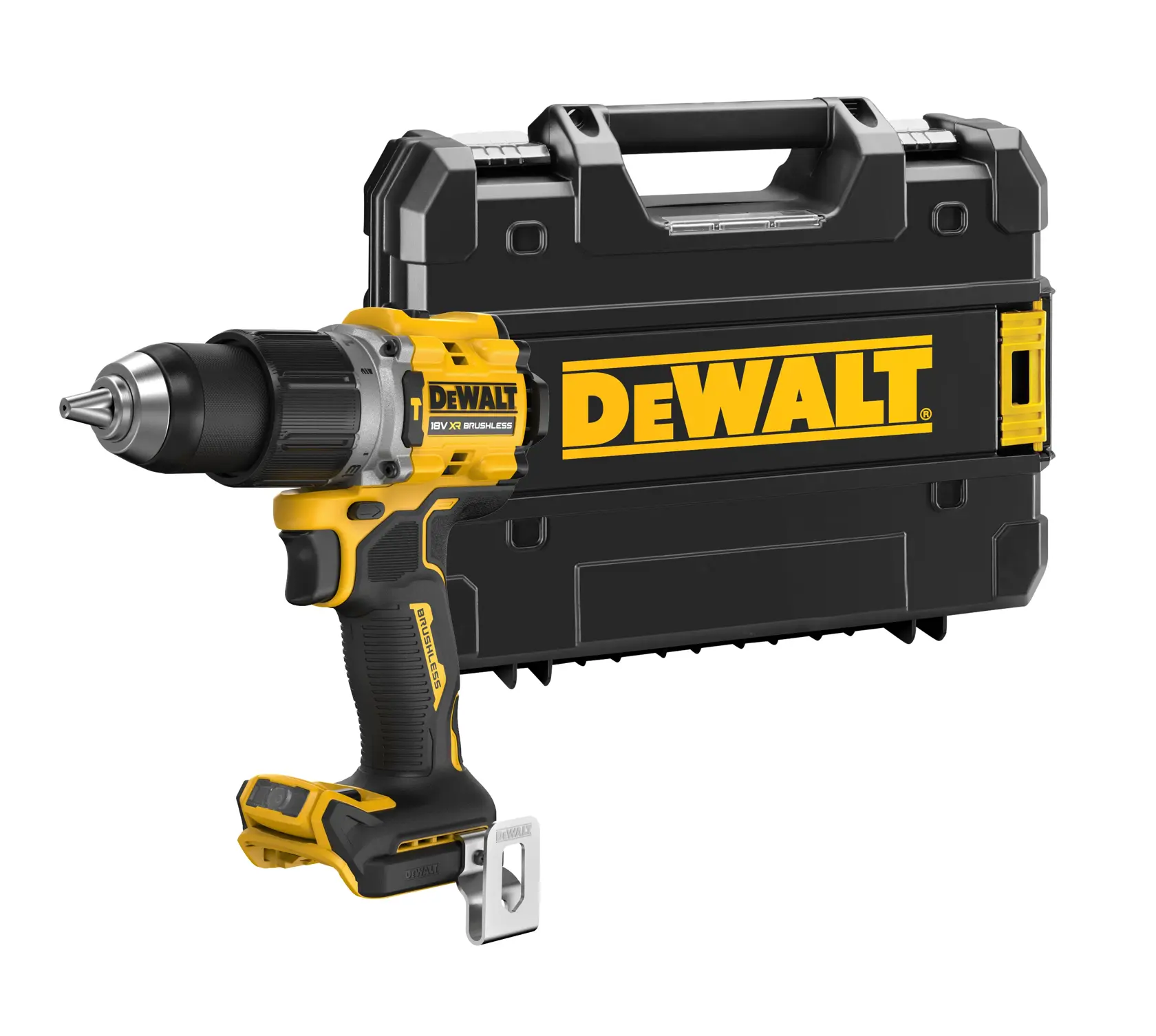 A DEWALT cordless power drill with a brushless motor, shown in front of a black and yellow DEWALT carrying case.