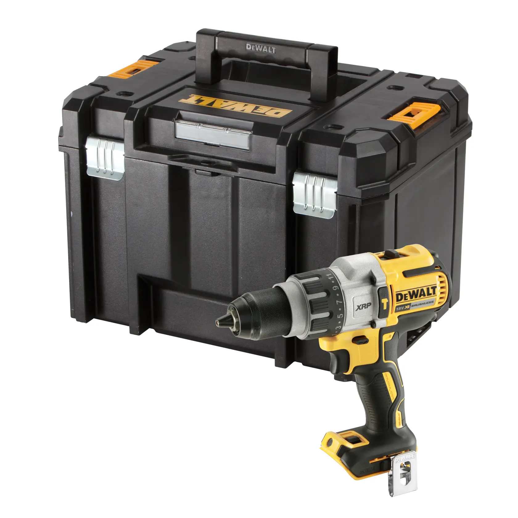 DEWALT cordless drill with black tool case, both shown together. Drill is yellow and black with ergonomic handle.