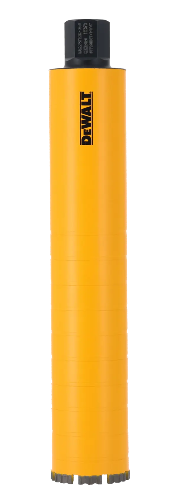 DEWALT yellow cylindrical core drill bit with black connector, upright on white background.