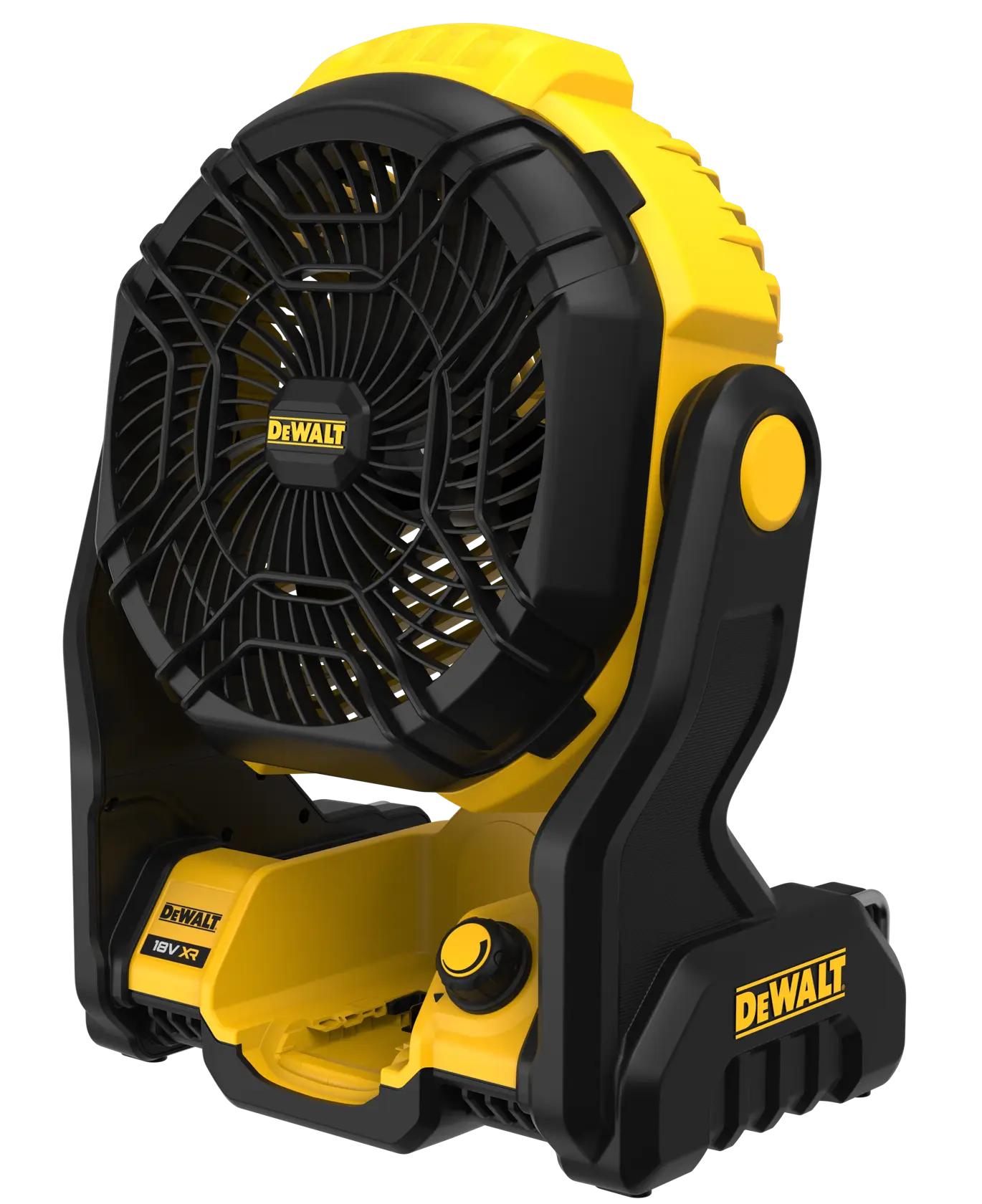 A portable DEWALT battery-powered fan with a black and yellow design, featuring a handle and adjustable base for easy positioning.