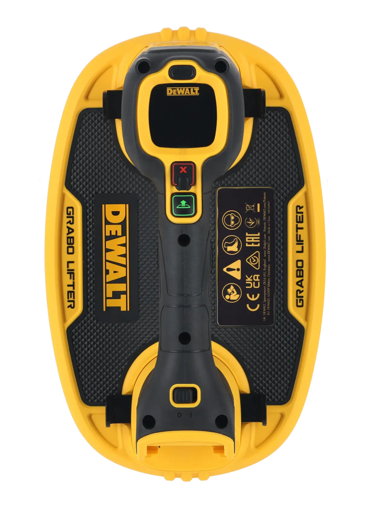 DEWALT Grabo Lifter DCE590N, yellow-black hand tool with buttons and display.