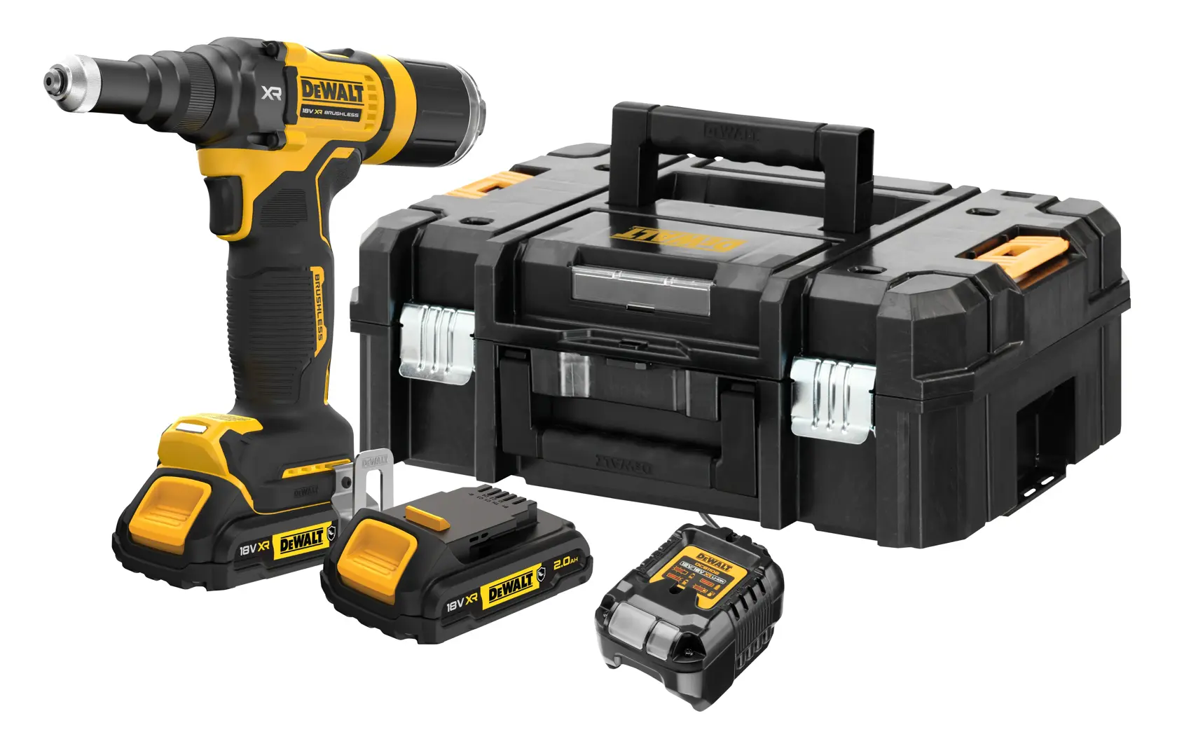 DEWALT cordless drill set with two batteries, charger, and black carrying case, all shown on a white background.
