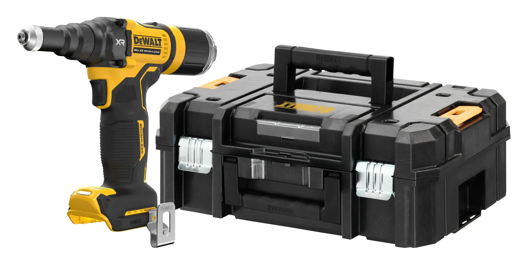 DEWALT cordless drill with black and yellow design, shown next to a black hard plastic carrying case with handle and metal clasps.