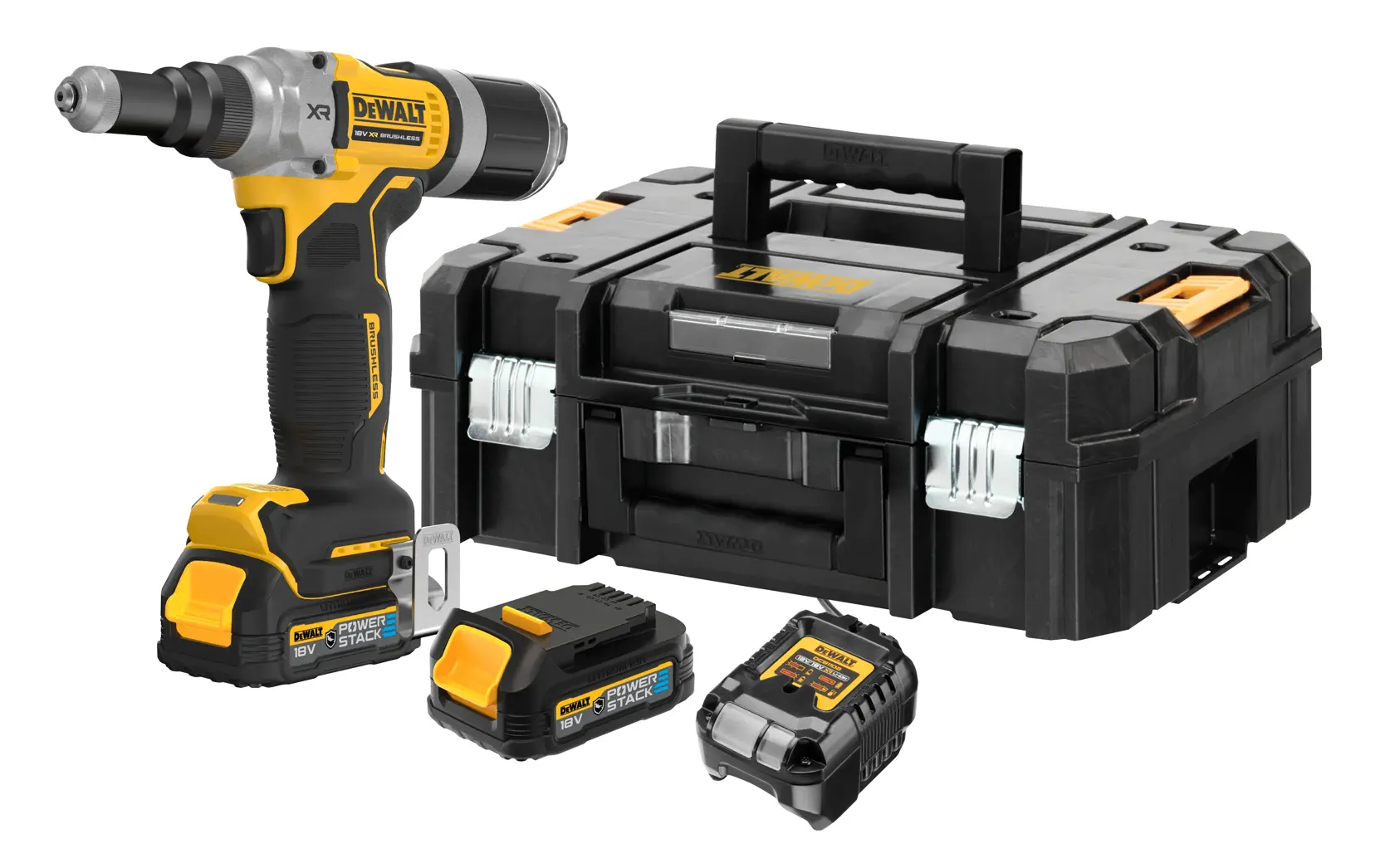 DEWALT cordless impact wrench kit DCF414E2GT with black and yellow impact wrench, two 18V Powerstack batteries, a battery charger, and a black DEWALT storage case.