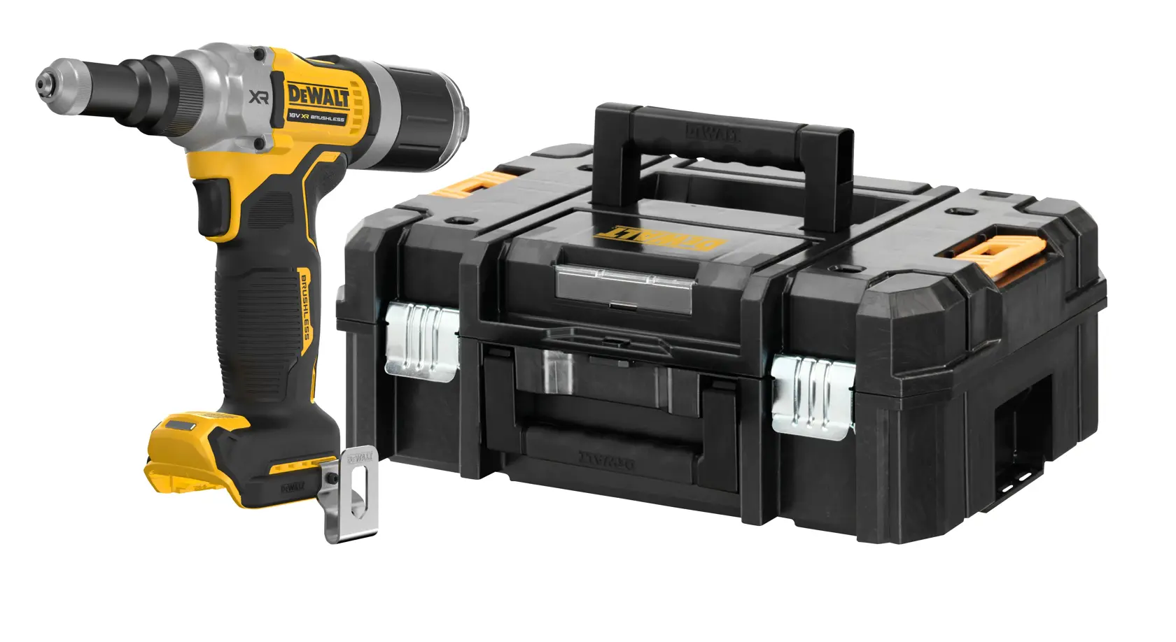 A DEWALT cordless power tool with a black and yellow design is shown next to a sturdy black carrying case with a handle and metal latches.