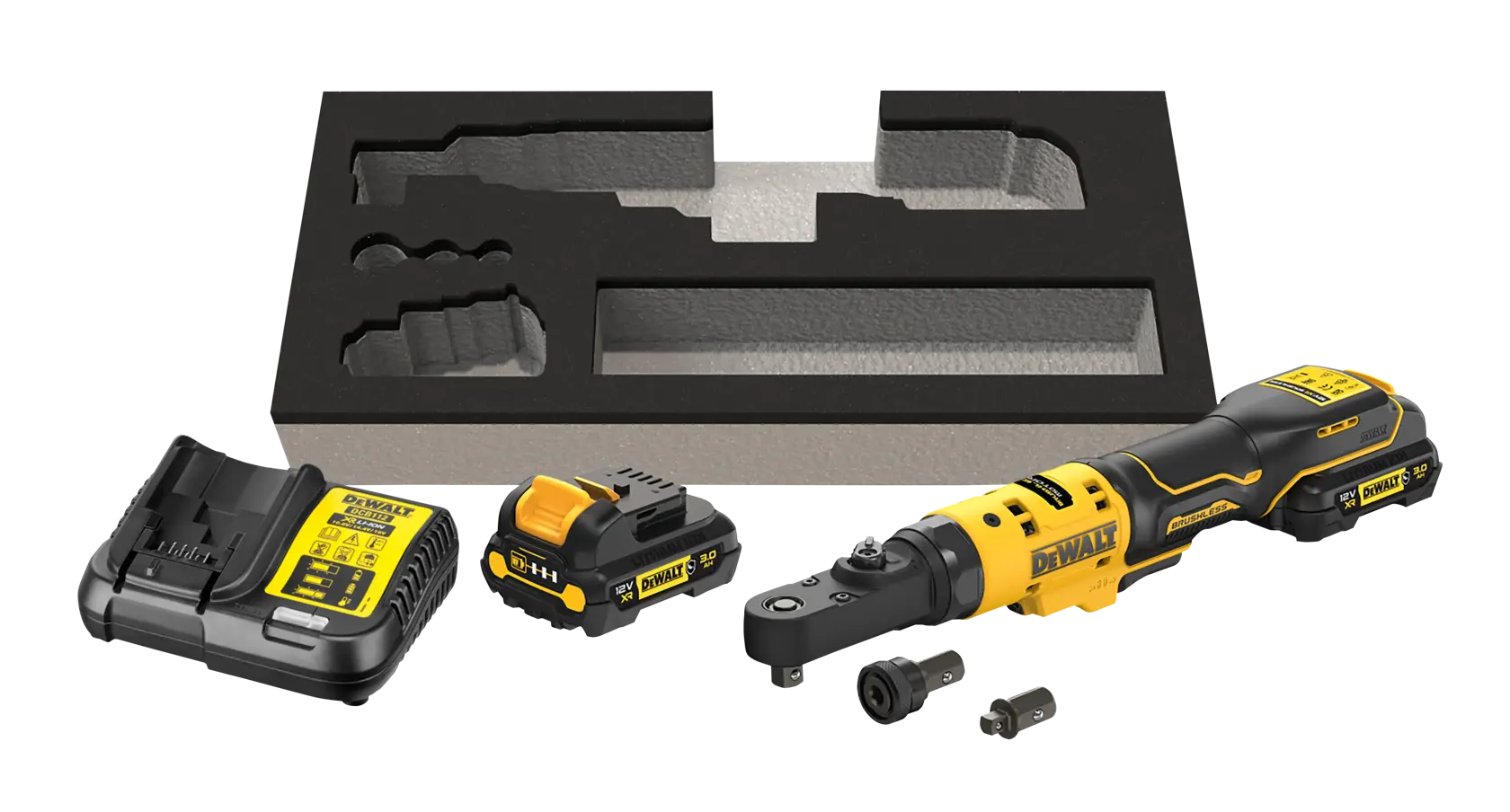 DEWALT cordless ratchet kit with battery, charger, accessories and carrying foam insert.