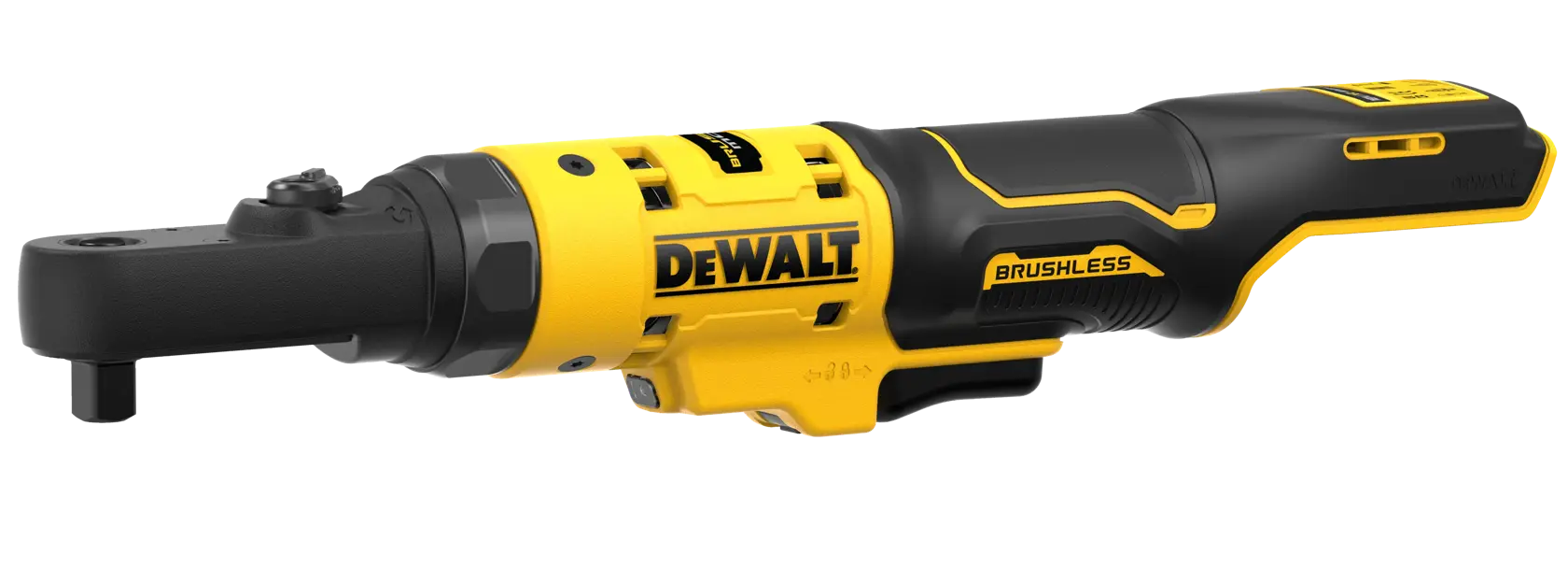 DEWALT DCF500N brushless cordless ratchet tool, black and yellow, side view on white background.