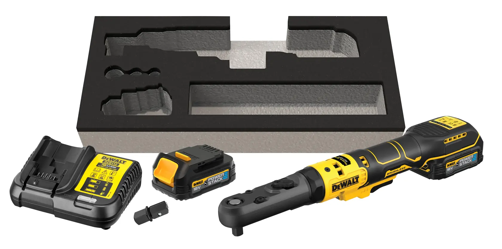 DEWALT cordless ratchet kit with charger, battery, adapter, and foam tray, shown on a white background.