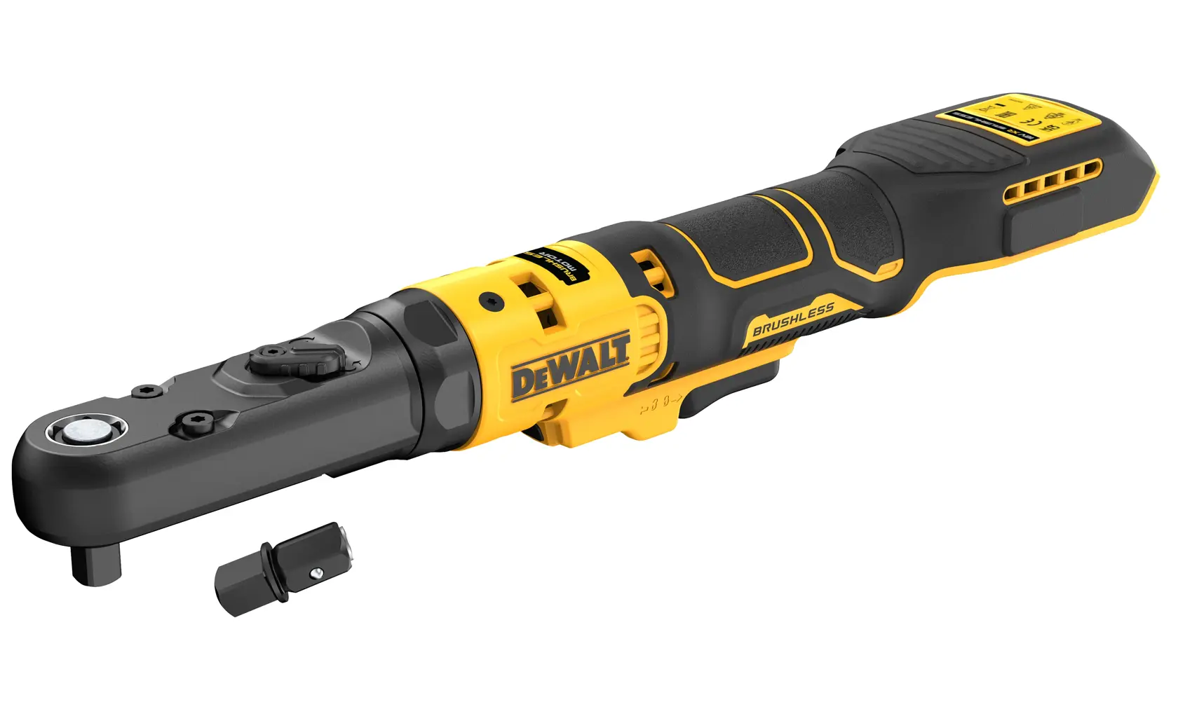 DEWALT cordless ratchet tool with black and yellow body and removable accessory shown beside it.