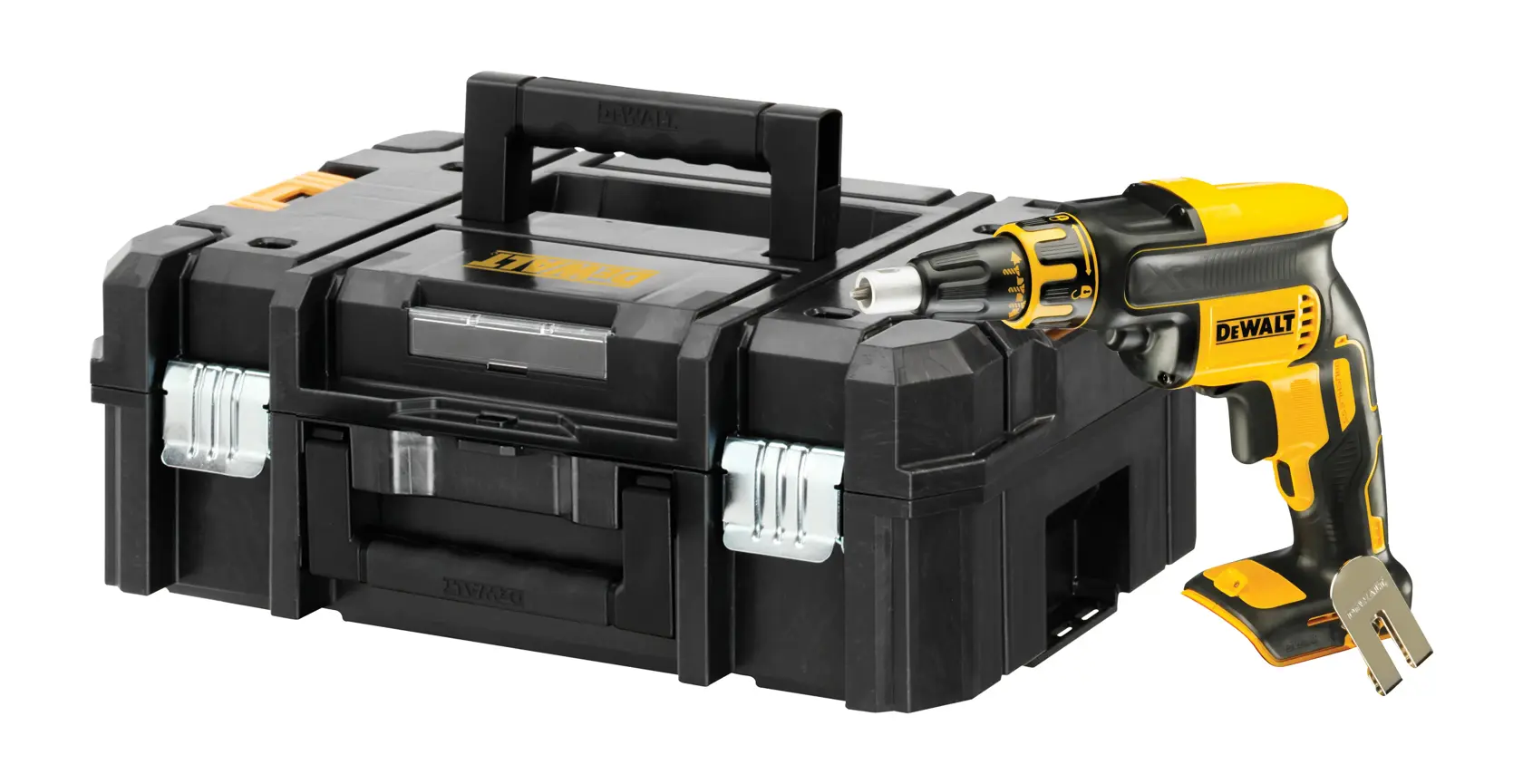 DEWALT cordless screwdriver with black tool case featuring handle and secure latches, shown on a white background.
