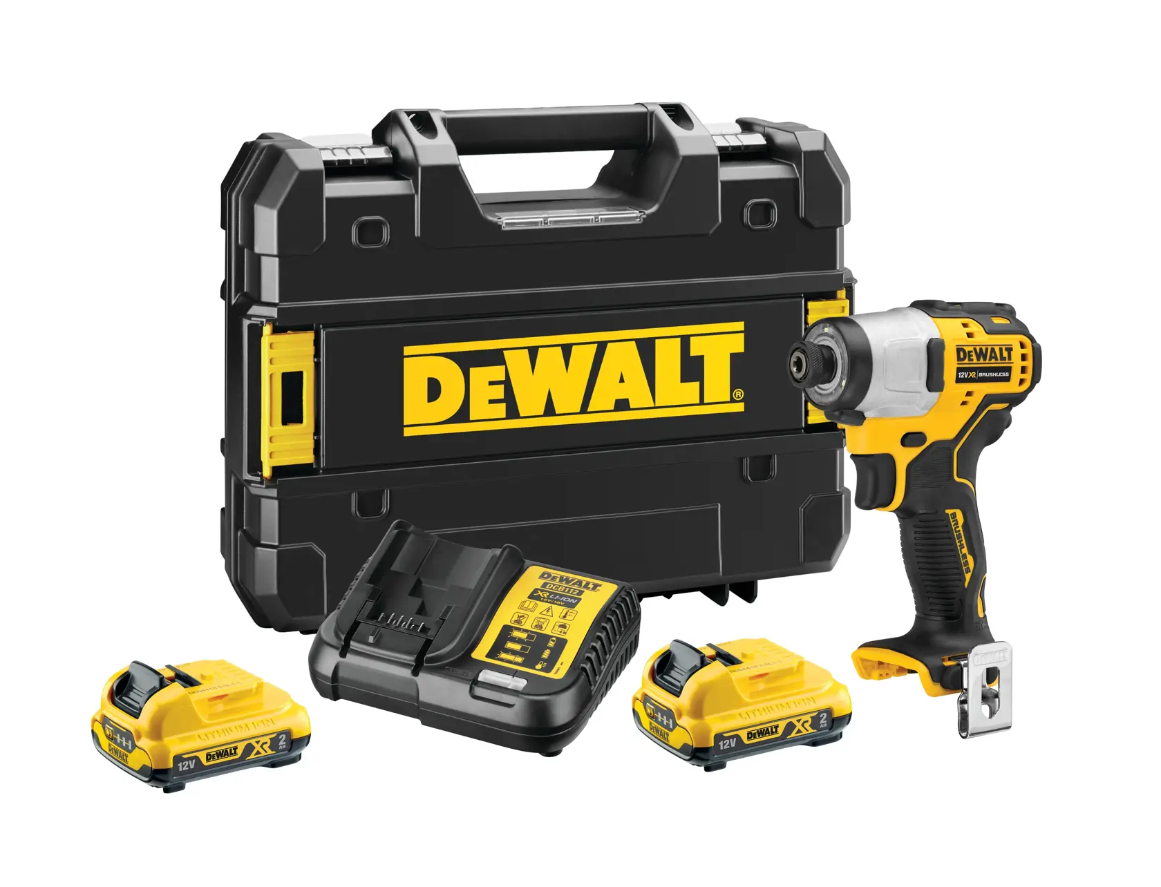 A DEWALT cordless impact driver kit is shown, including a black carrying case with the DEWALT logo, a yellow and black impact driver, two rechargeable batteries, and a battery charger.