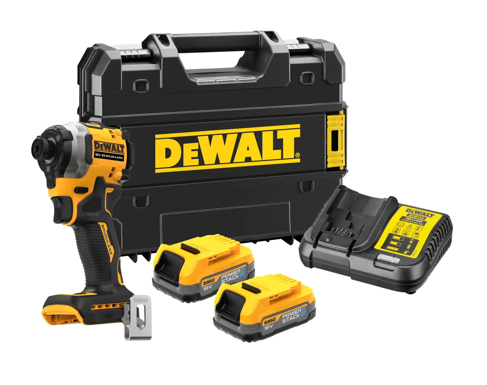 DEWALT tool kit with impact driver, charger, two batteries, belt clip, and hard case, all in black and yellow.