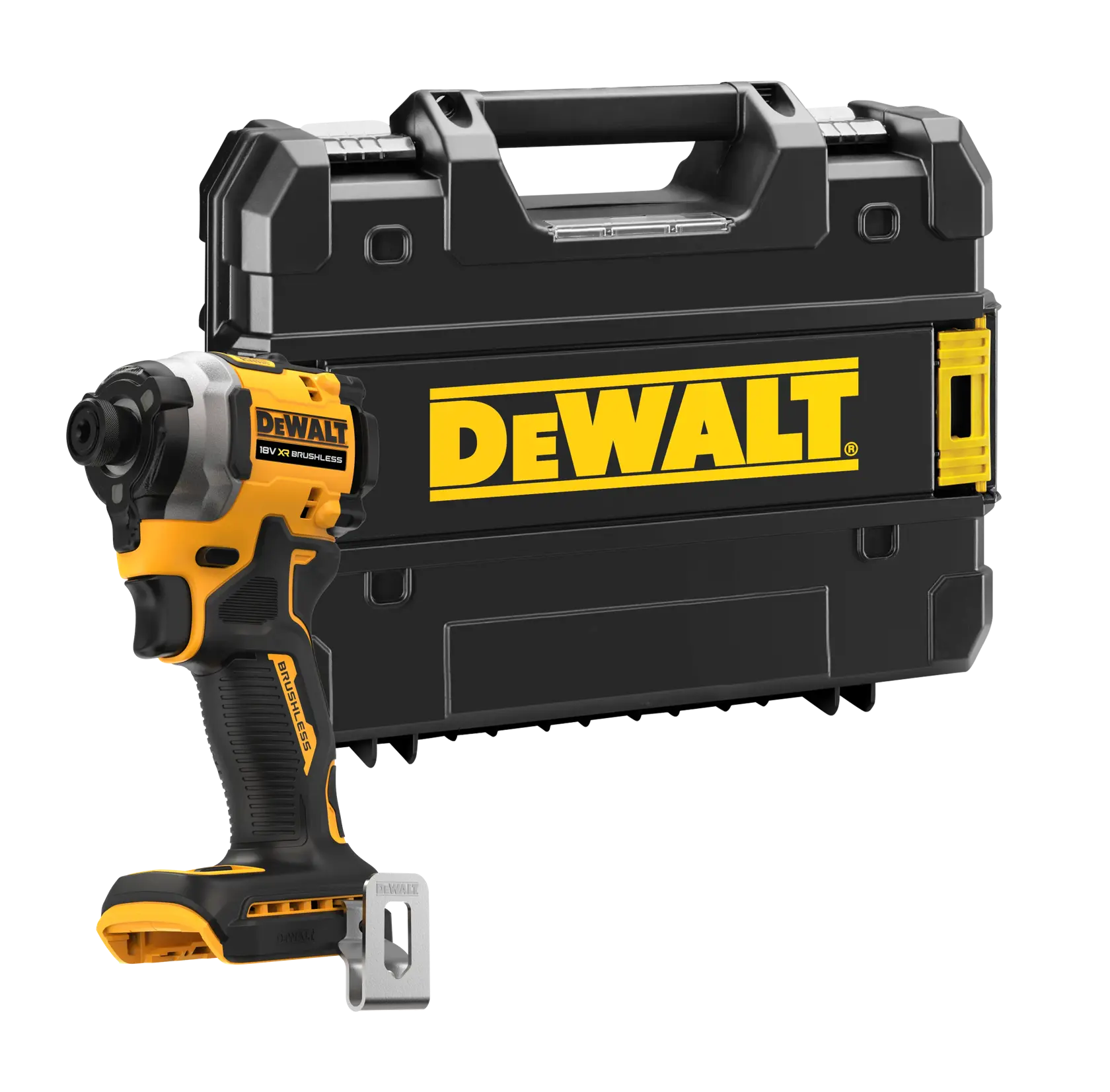 DEWALT cordless impact driver with a black carrying case behind it, both featuring yellow DEWALT branding.