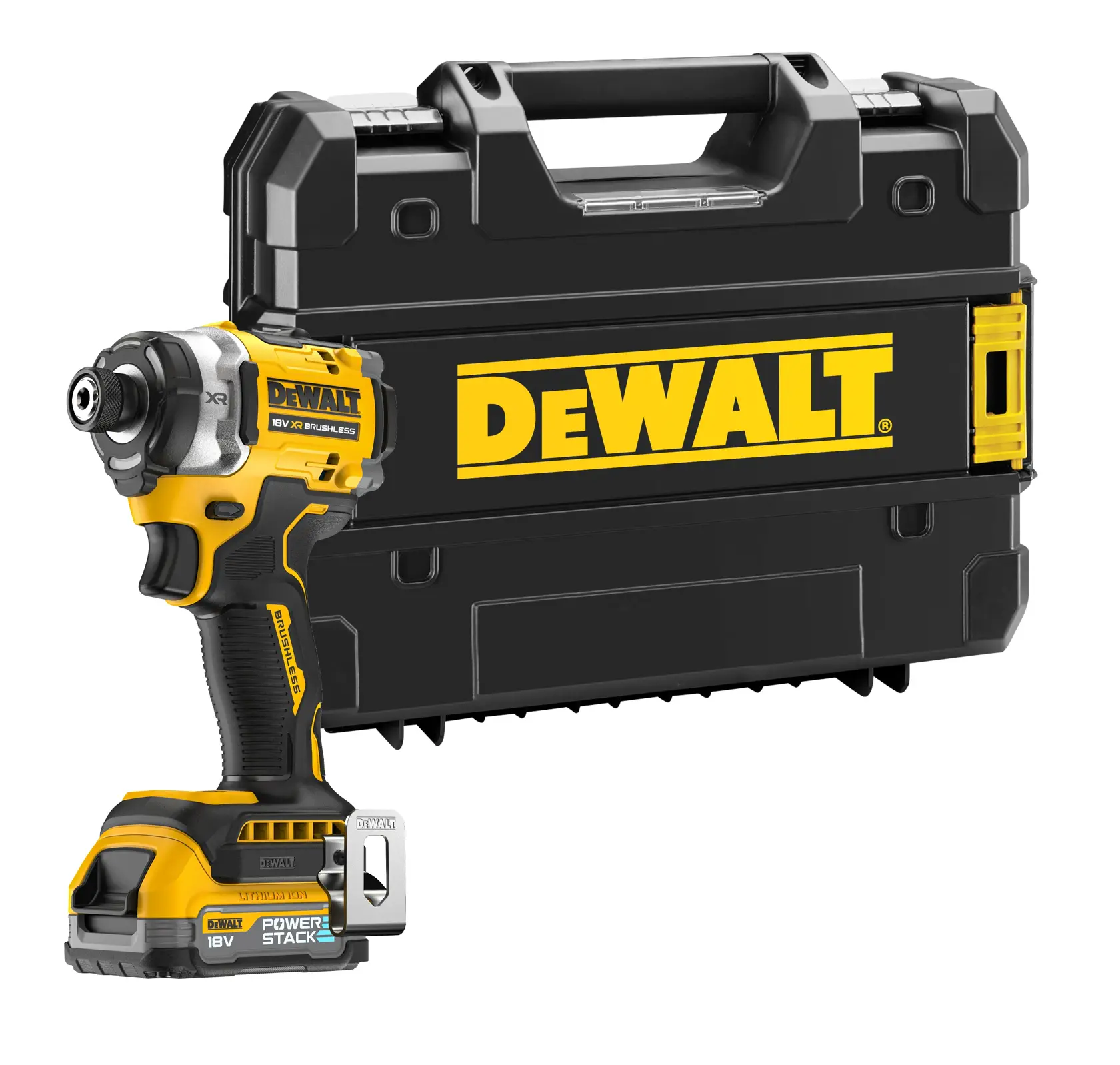 DEWALT cordless impact driver with a black carry case, both featuring yellow branding.