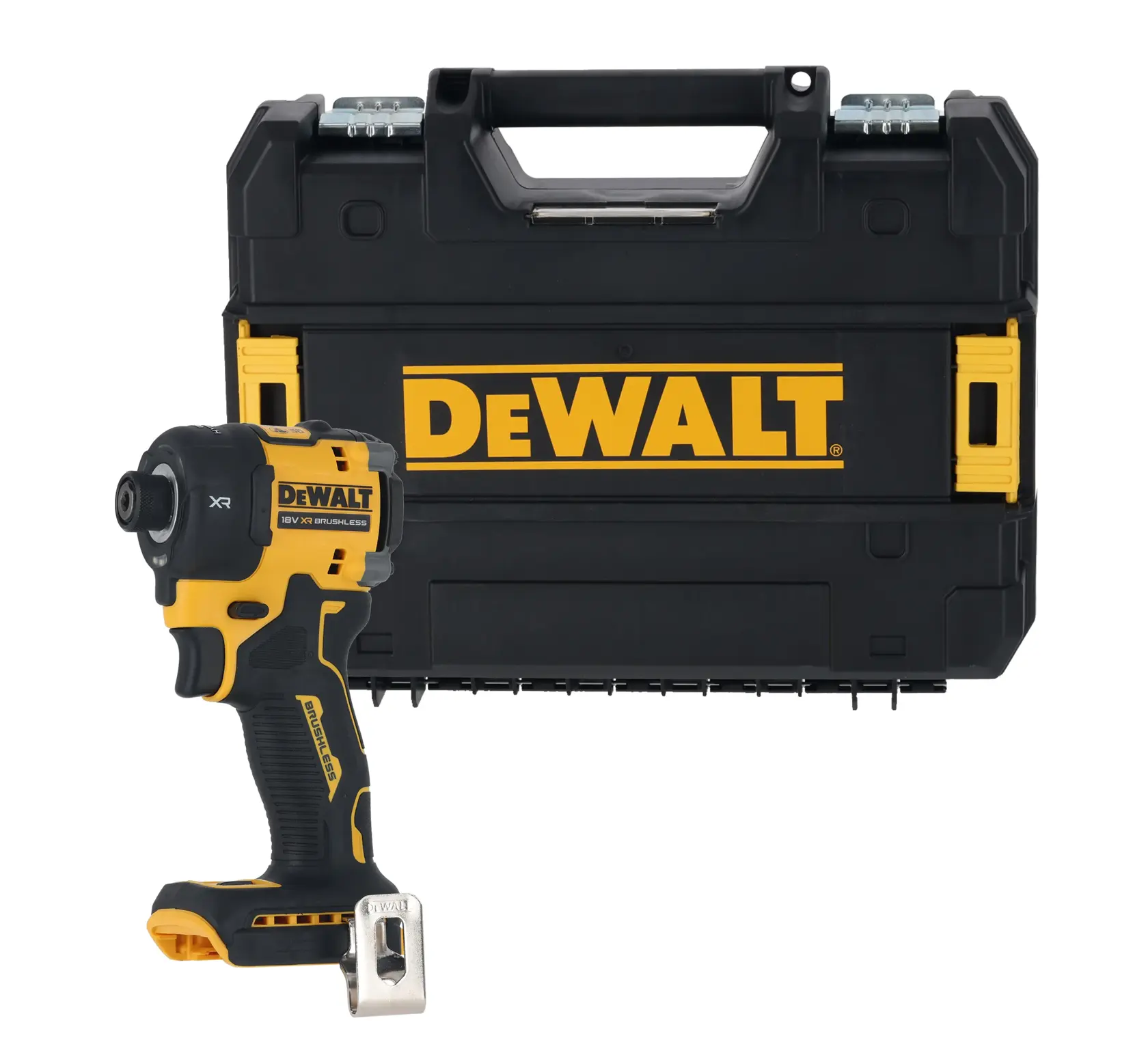 DEWALT cordless impact driver with black carrying case, both featuring yellow branding.