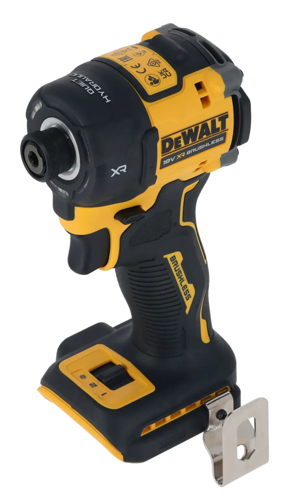 DEWALT DCF870N 18V XR Brushless impact driver tool in yellow and black, shown without battery.