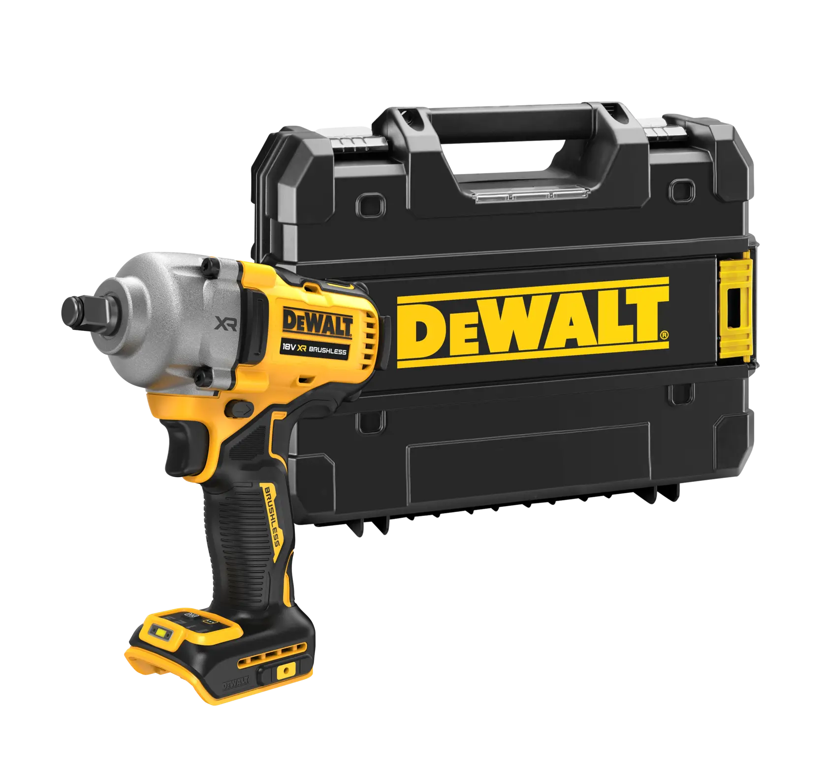DEWALT cordless impact wrench with brushless motor and black carrying case, both branded with DEWALT logo.