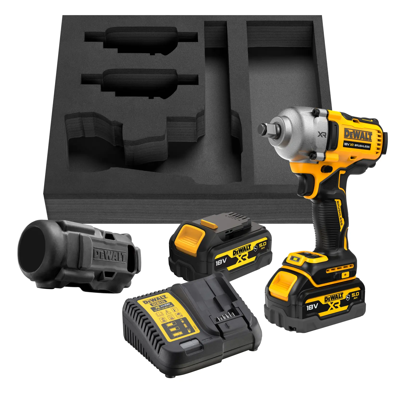 DEWALT cordless impact wrench kit with batteries, charger, protective cover, and foam storage insert.