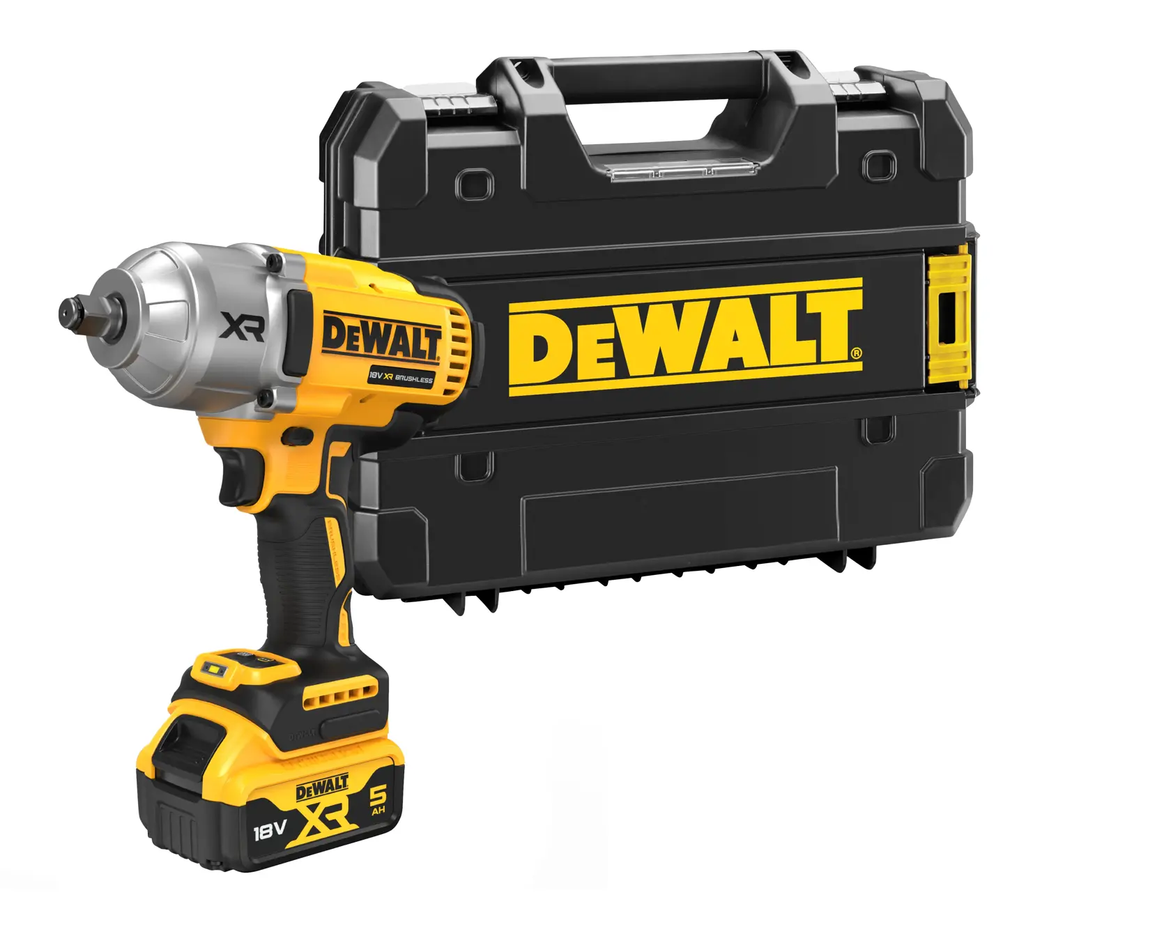 A DEWALT 18V XR cordless brushless impact wrench with a yellow and black design, model DCF900NT-XJ. The tool is shown without a battery attached.