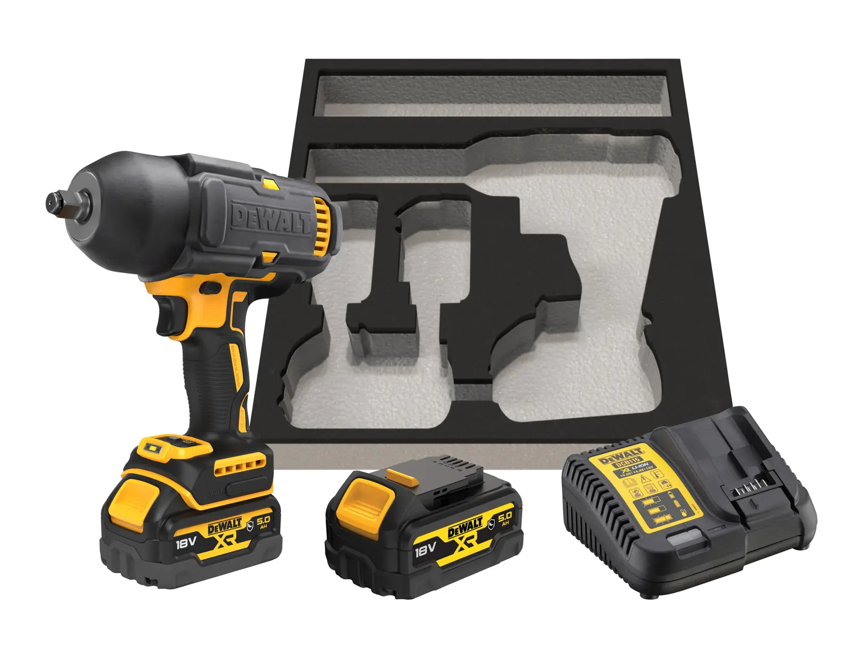 DEWALT cordless impact wrench kit with two 18V batteries, charger, and foam insert displayed.